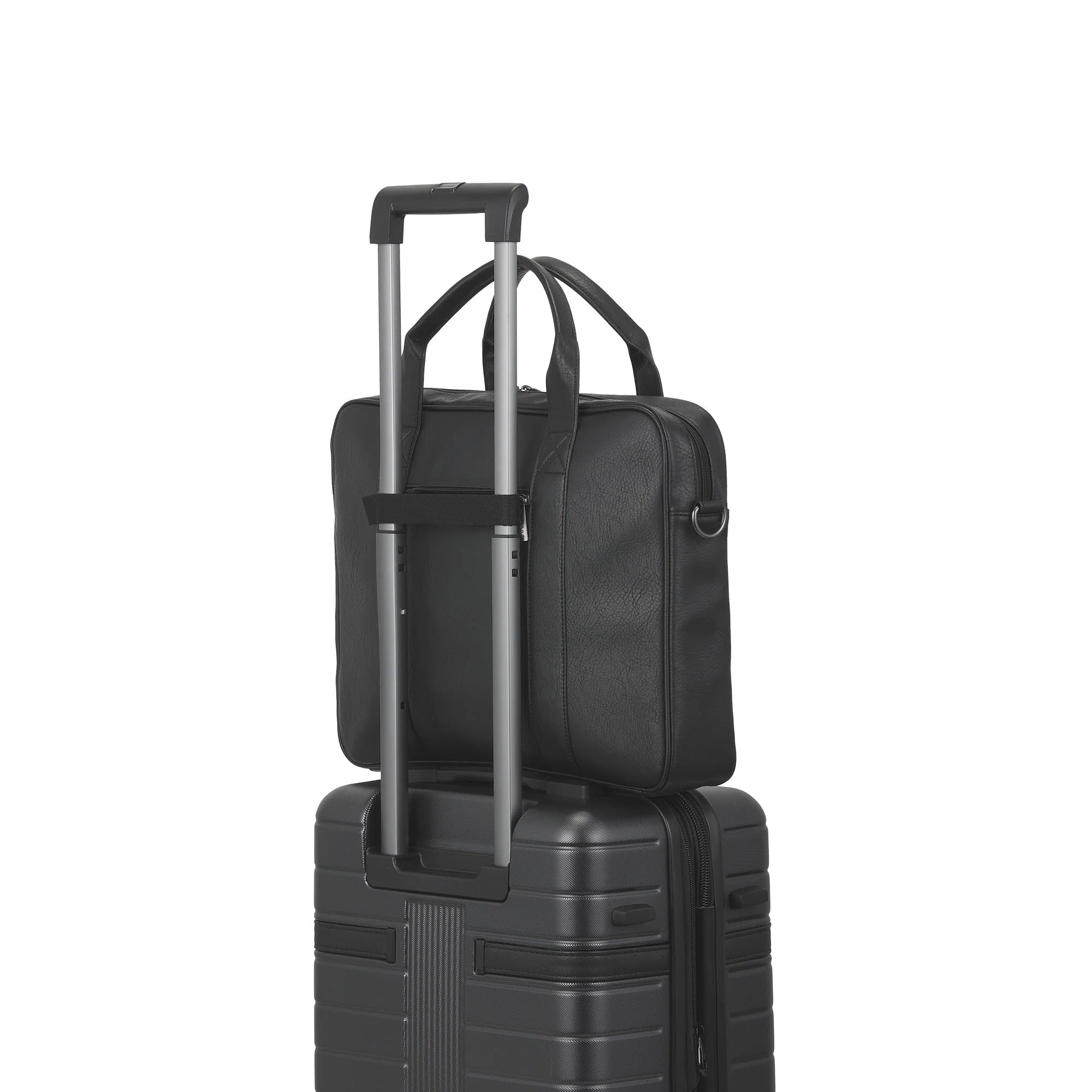 Black rolling suitcase with a matching black backpack on a white background