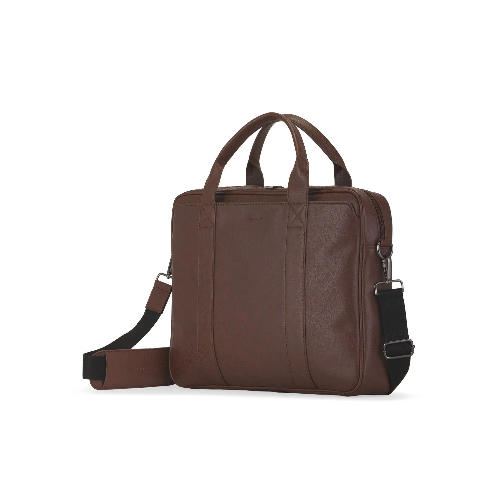 Brown leather briefcase with shoulder strap on a white background