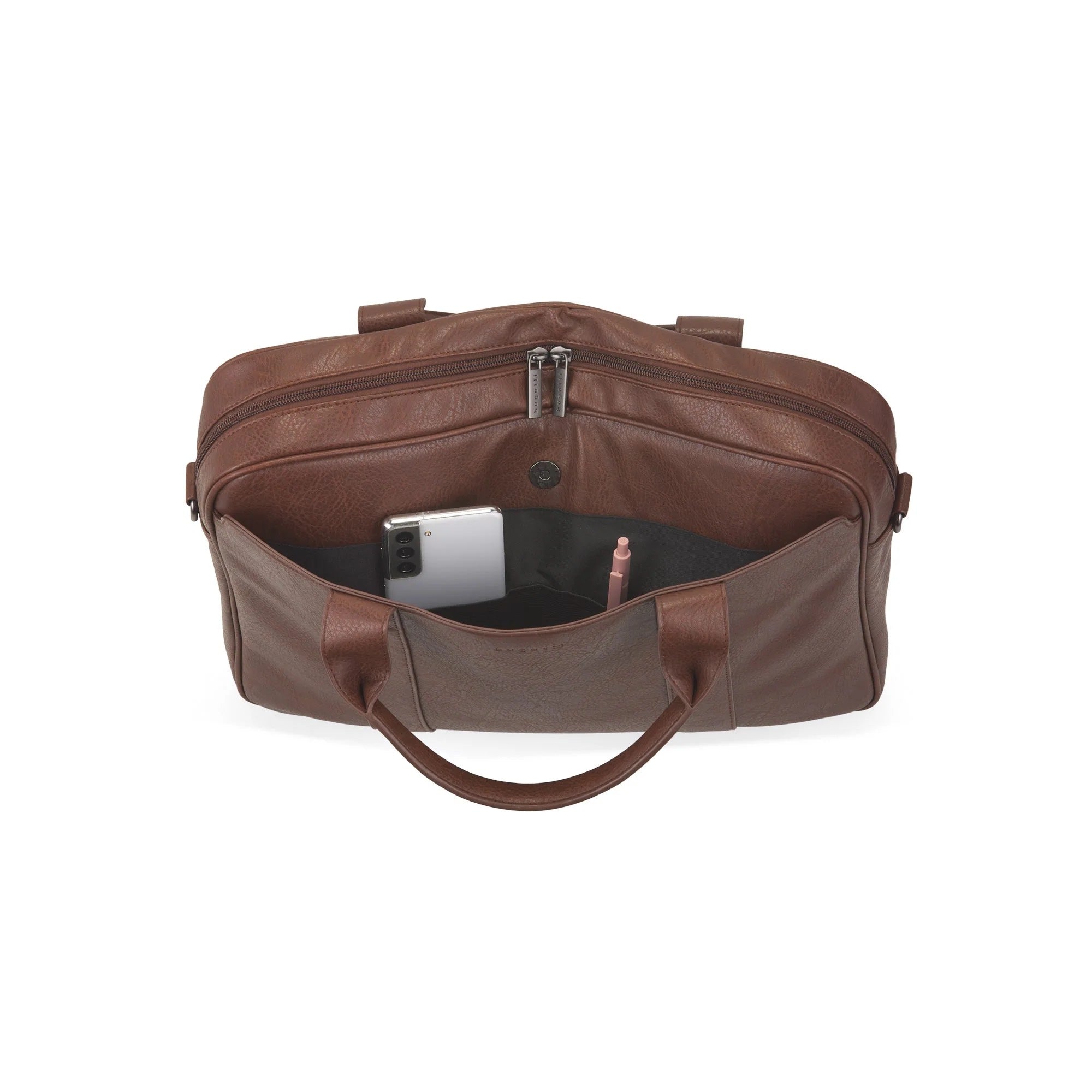 Brown leather duffel bag with a phone and pen inside on a white background