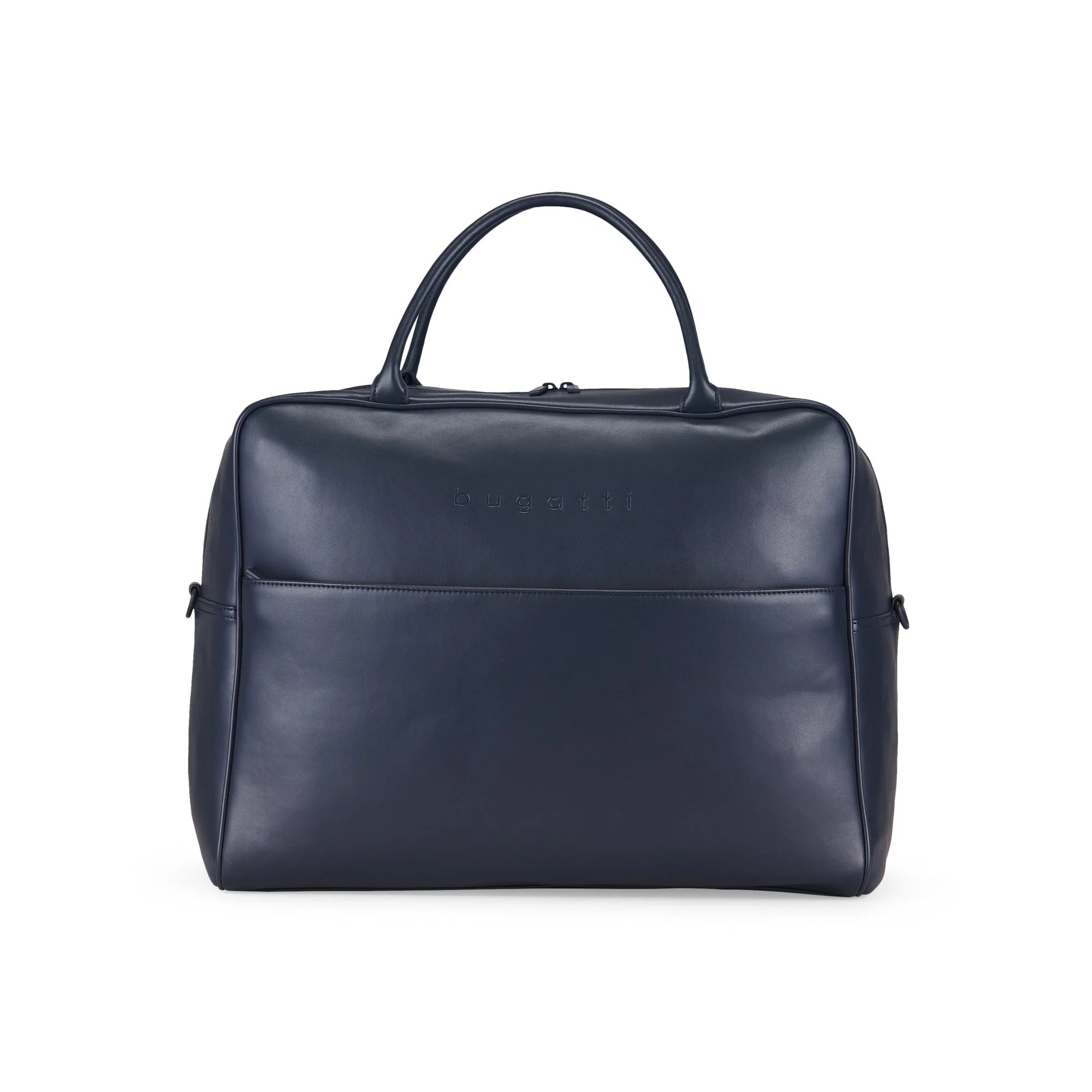 Navy blue leather bag with a handle on a white background