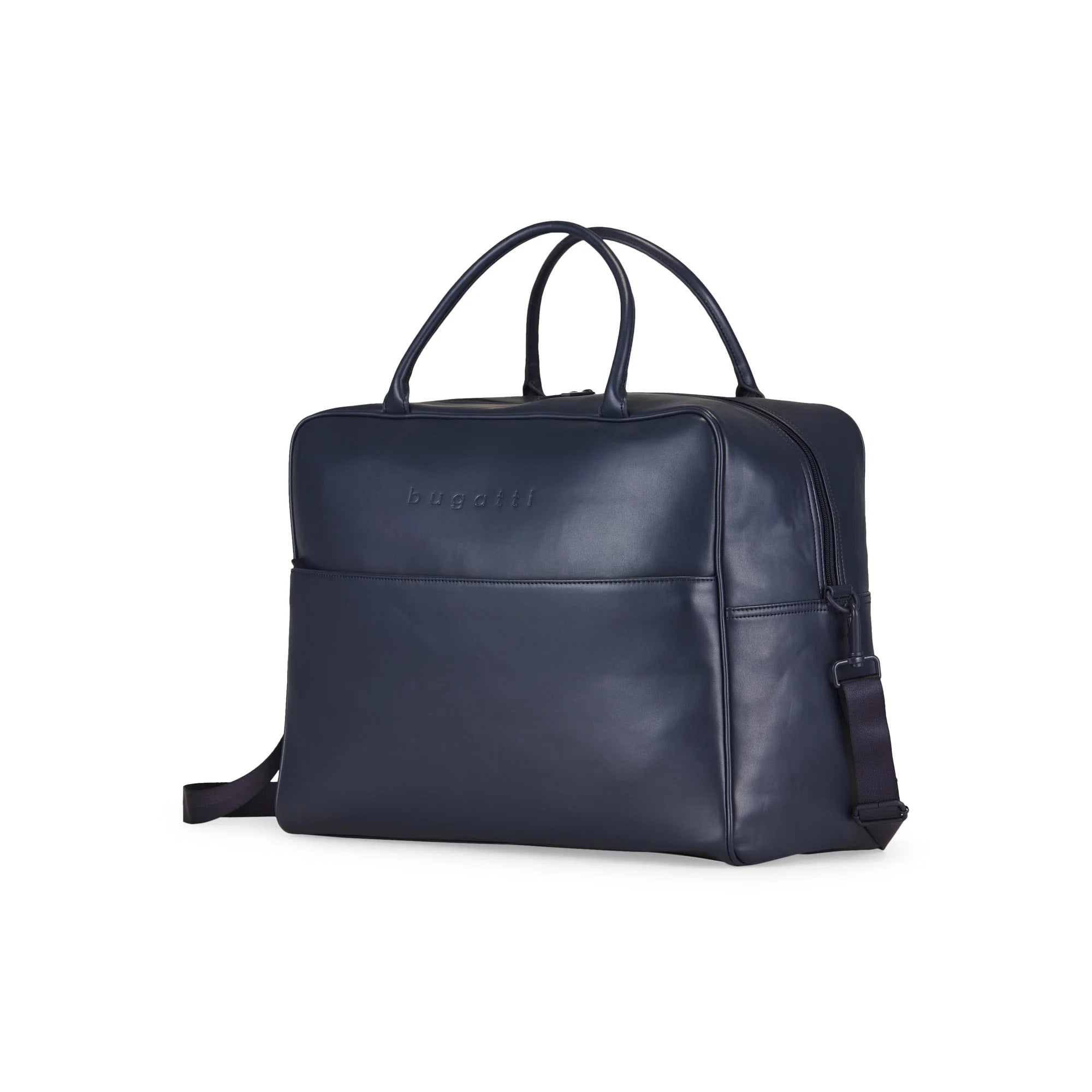 Navy blue leather backpack on a white background