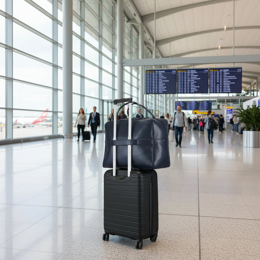 Navy leather duffel bag with silver handle on top of a black suitcase on a white background