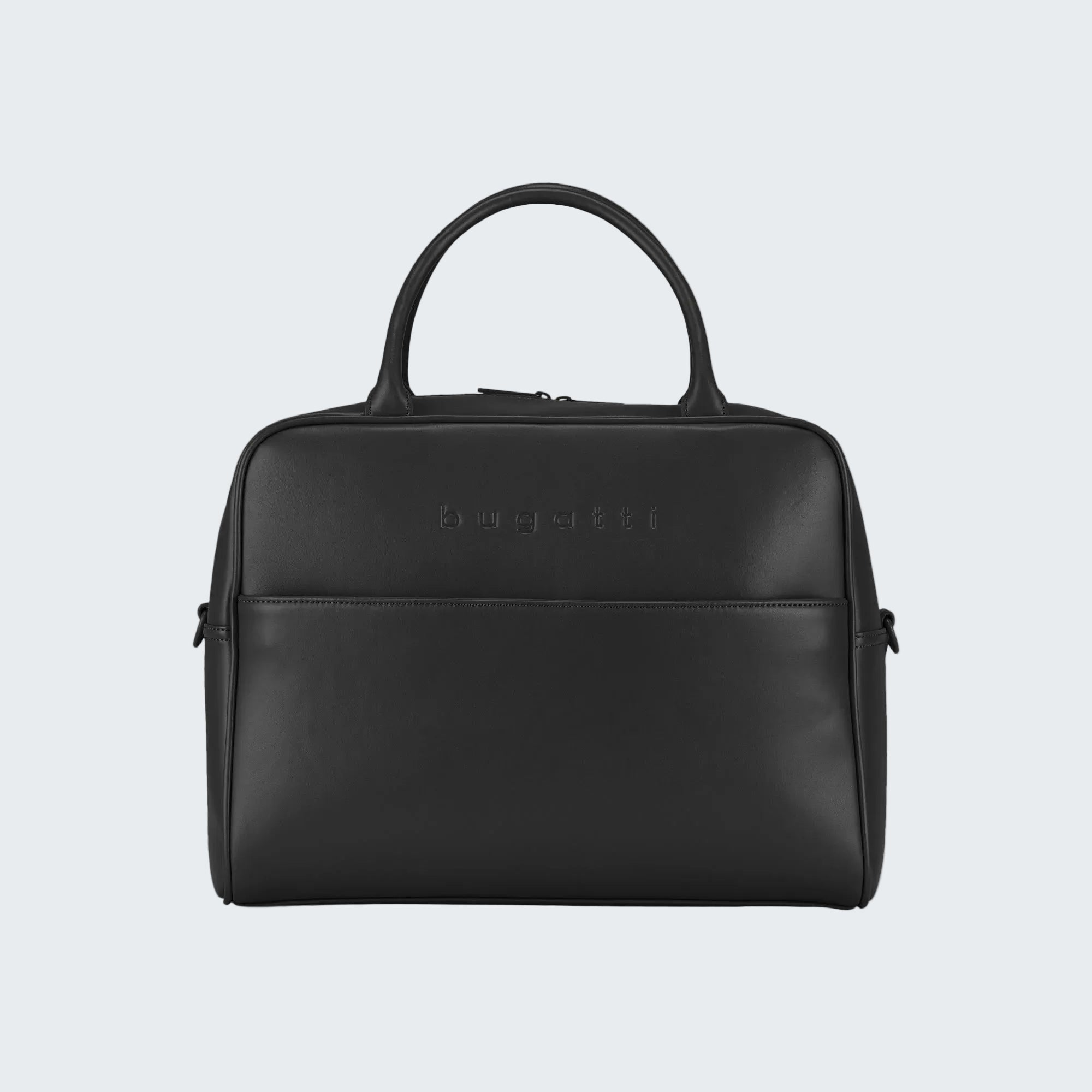 Black leather briefcase with handle on a white background