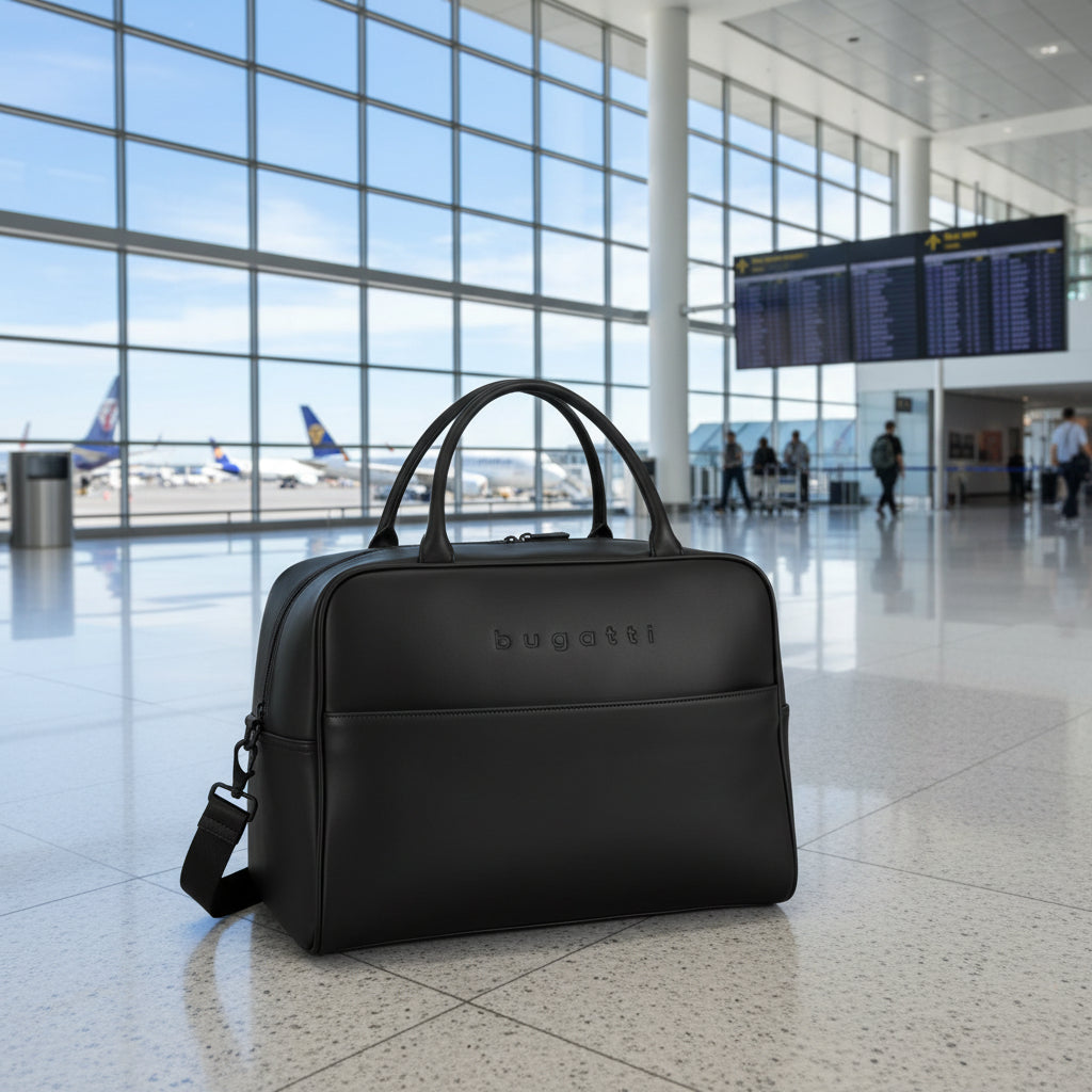 Black leather bag with visible brand name on a white background