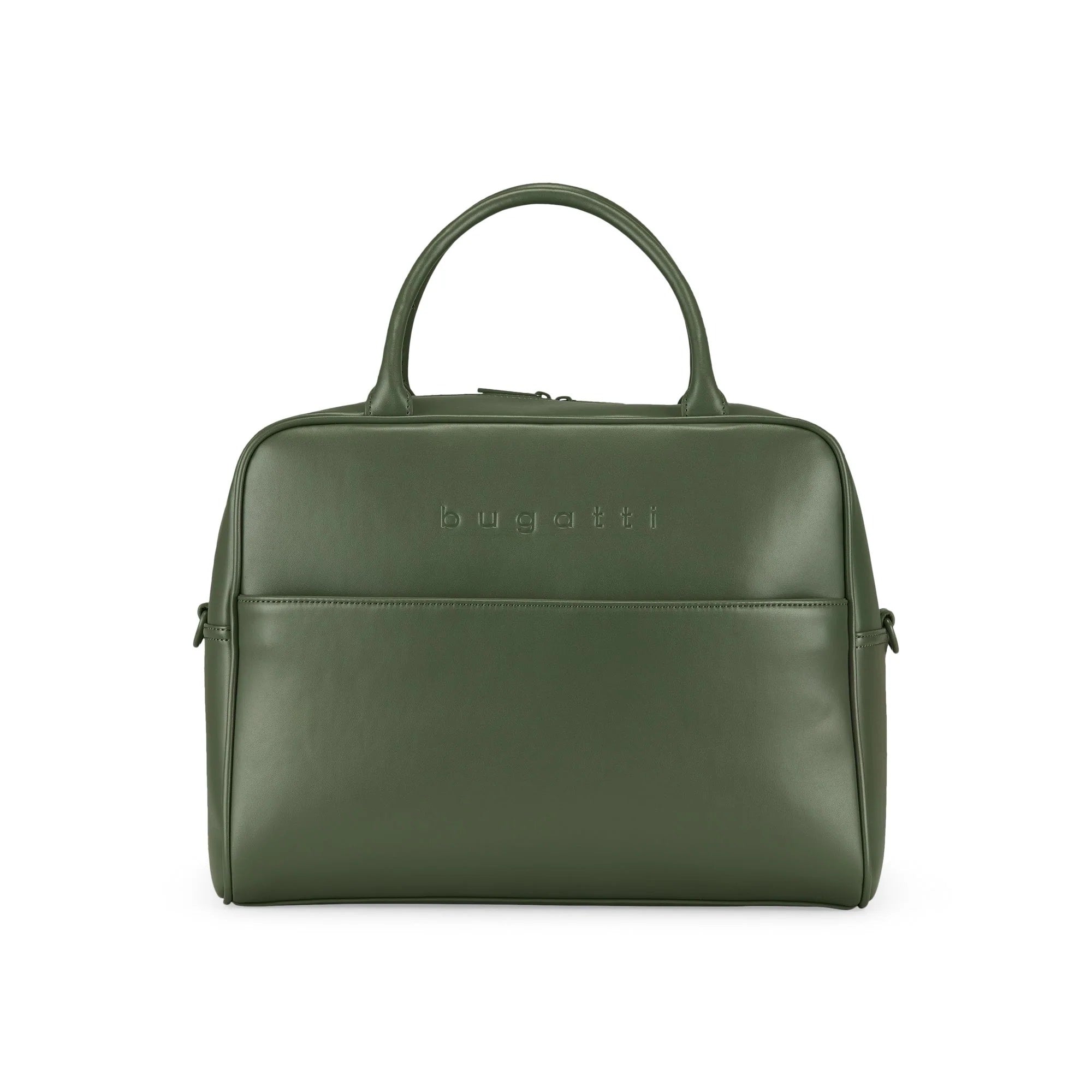 Green leather bag with 'Bogner' branding on a white background