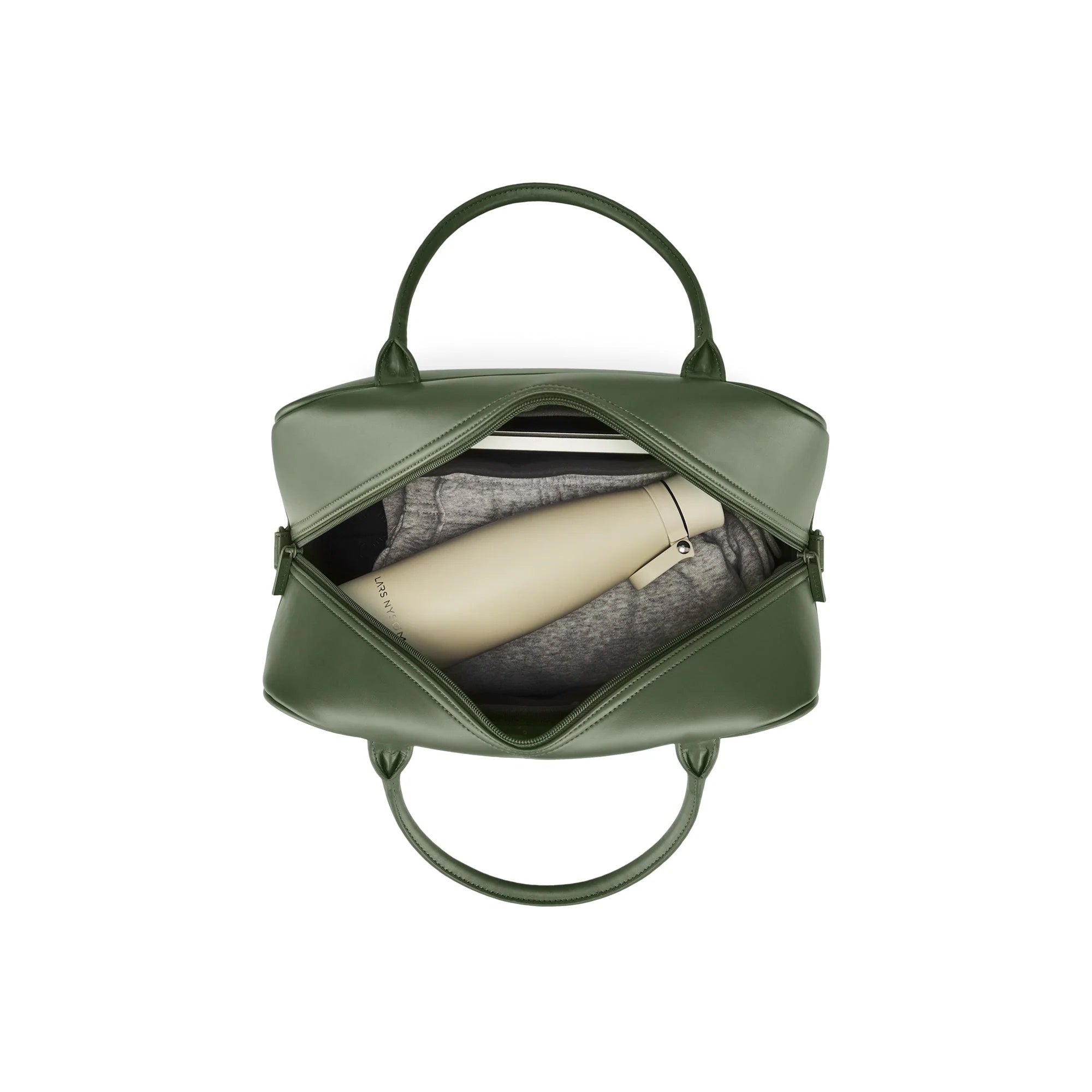 Green handbag with a water bottle and gray sweater inside on a white background