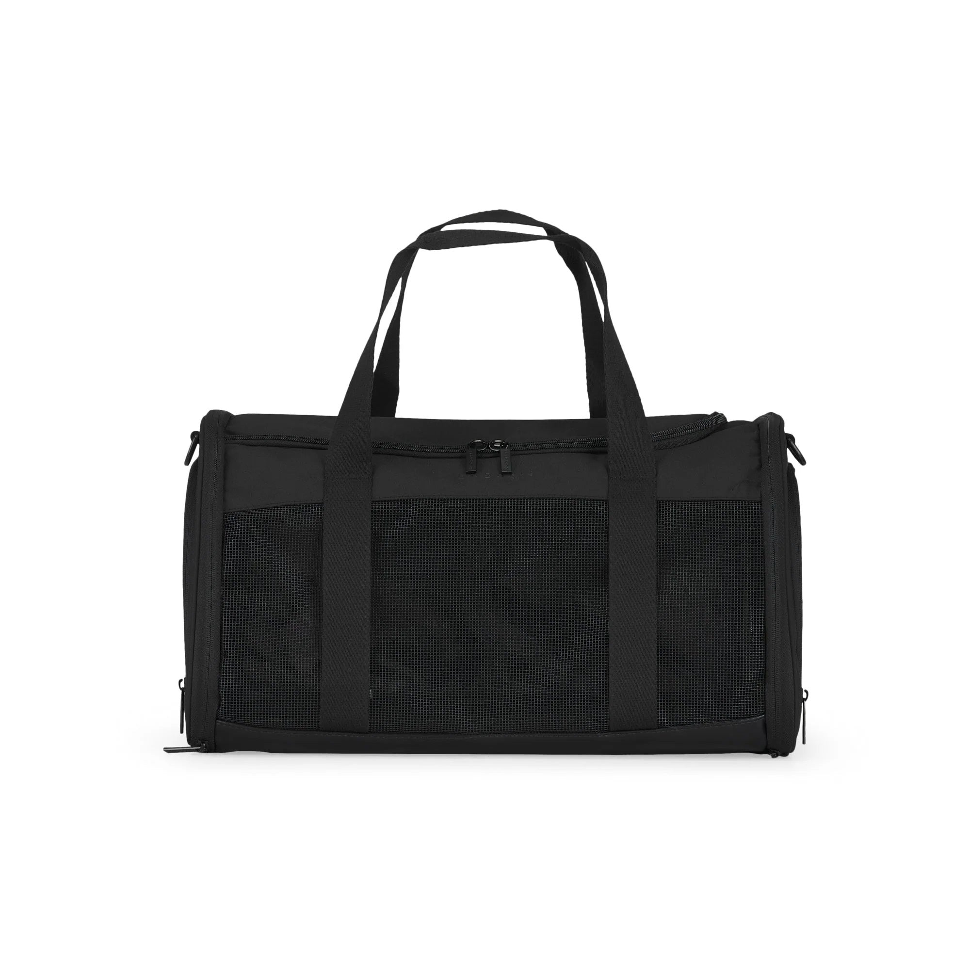 Black duffel bag with mesh sides on a white background