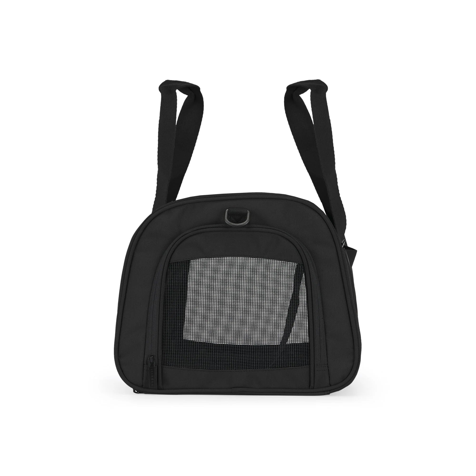 Black pet carrier backpack with mesh side on a white background