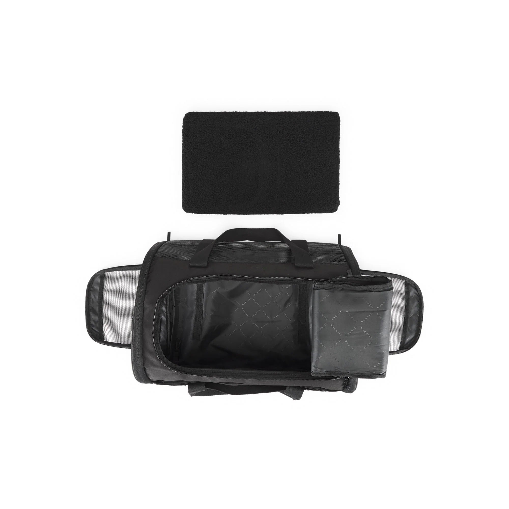 Black pet carrier with transparent side panels on a white background