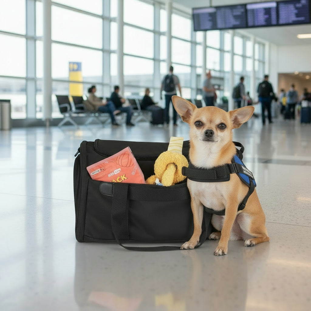 Black duffel bag with a toy and card on a white background