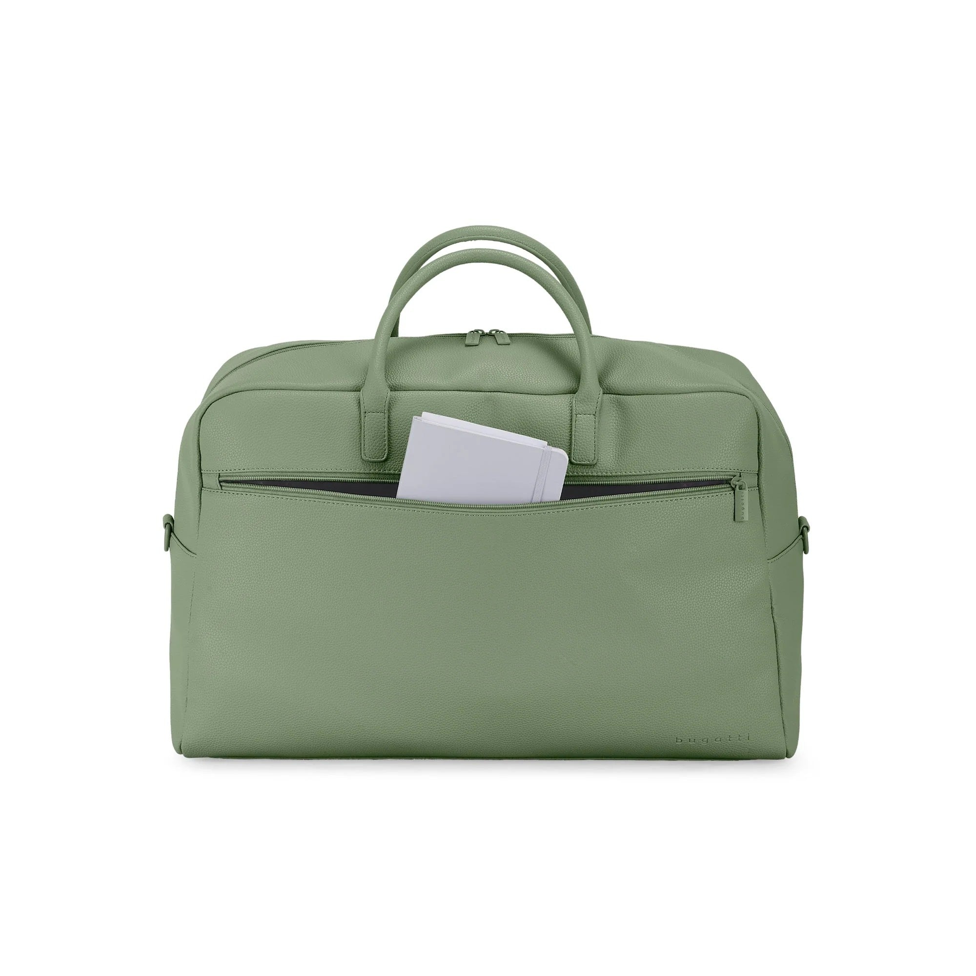 Green duffel bag with a handle on a white background