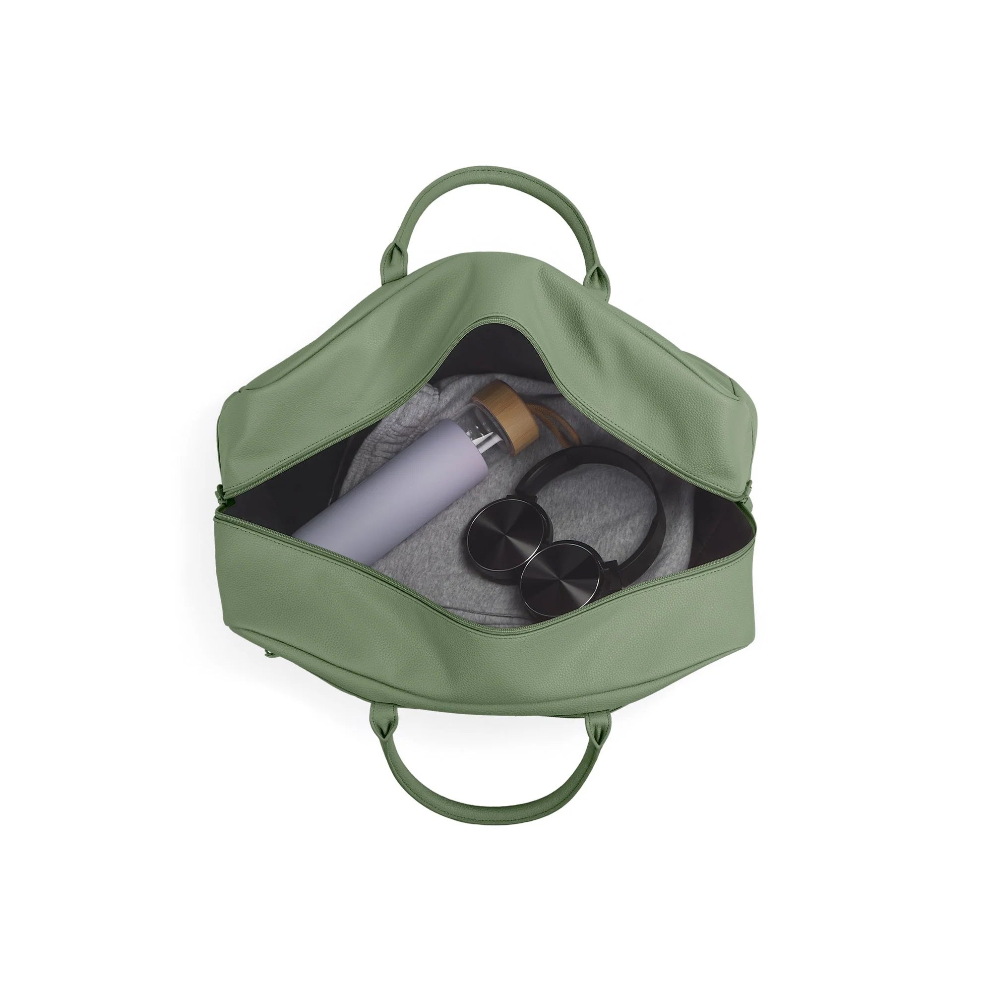 Green backpack with a water bottle and sunglasses on a white background
