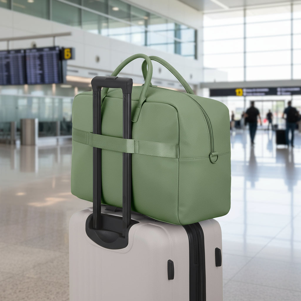 Green travel bag with handle on top of a suitcase against a white background