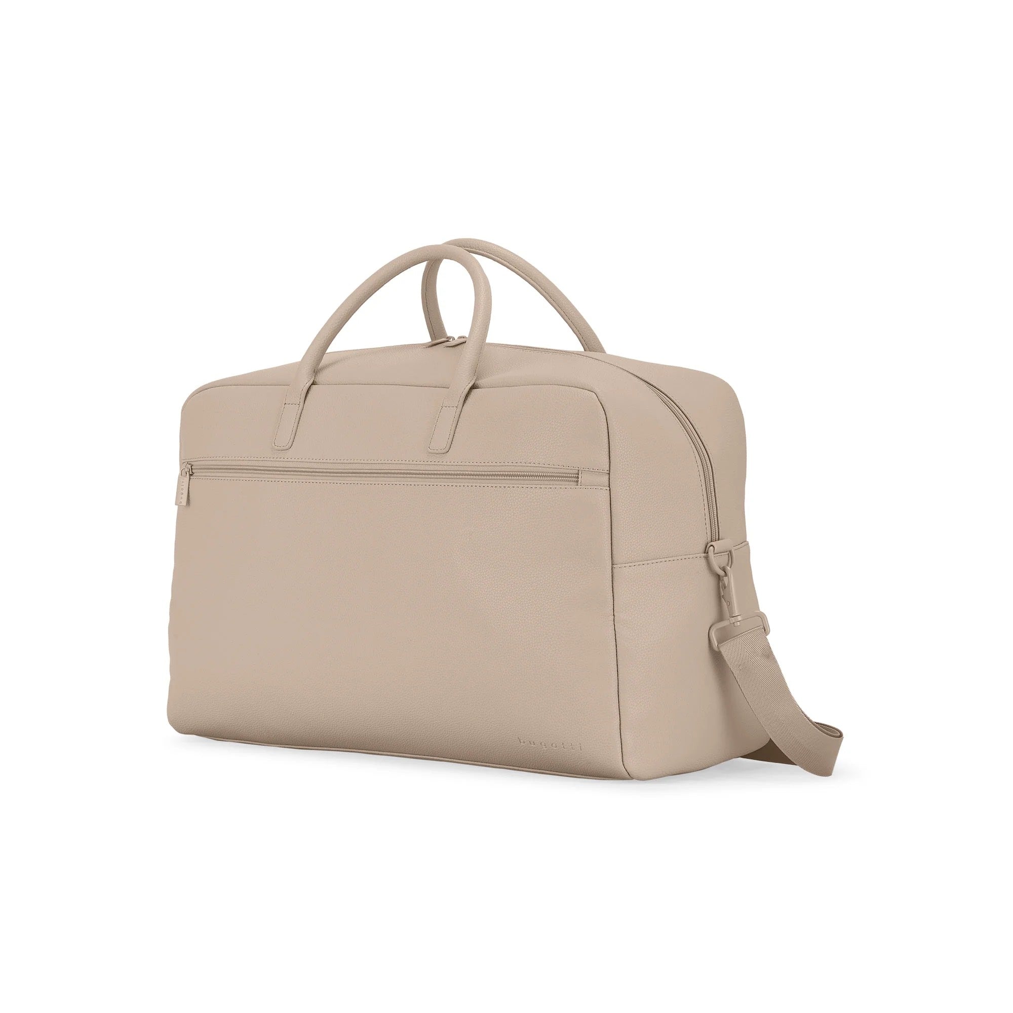 Beige duffel bag with shoulder strap on a white background
