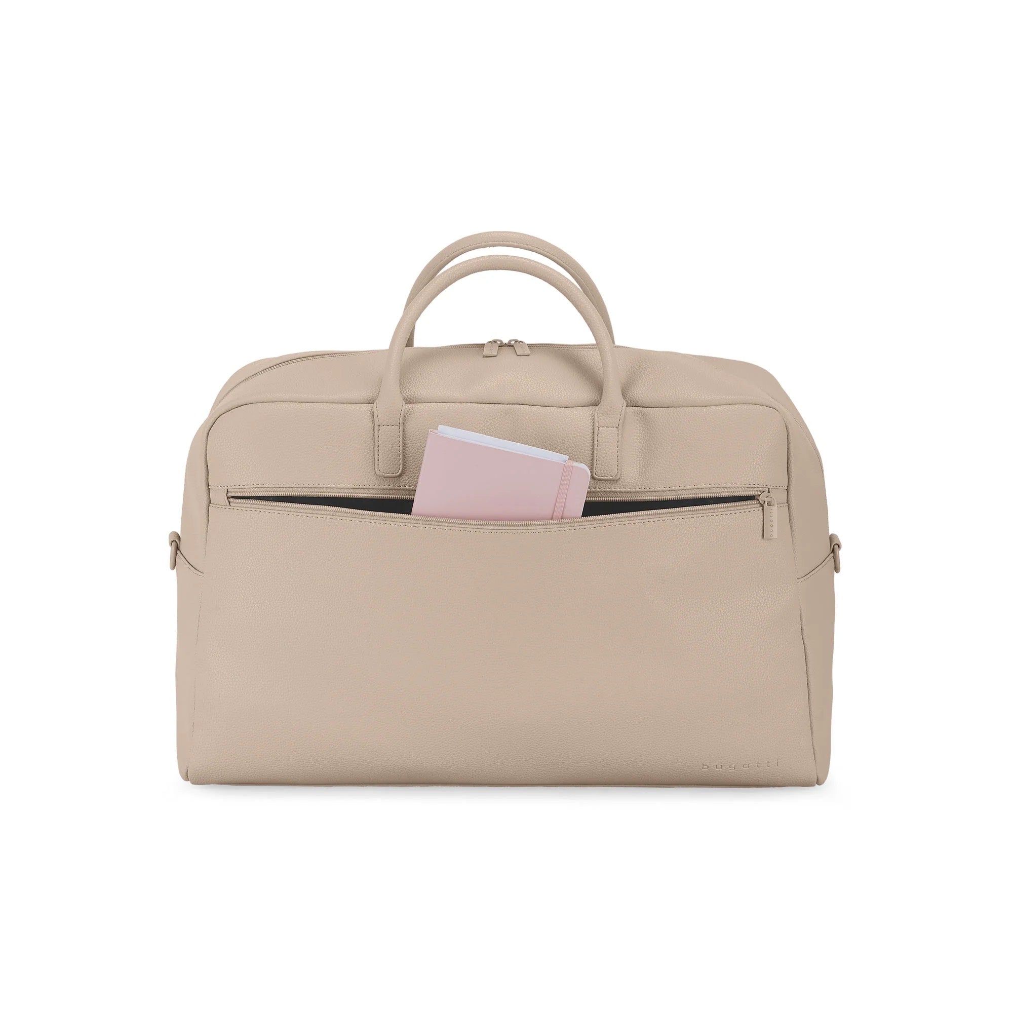 Beige travel bag with a pink passport holder on a white background