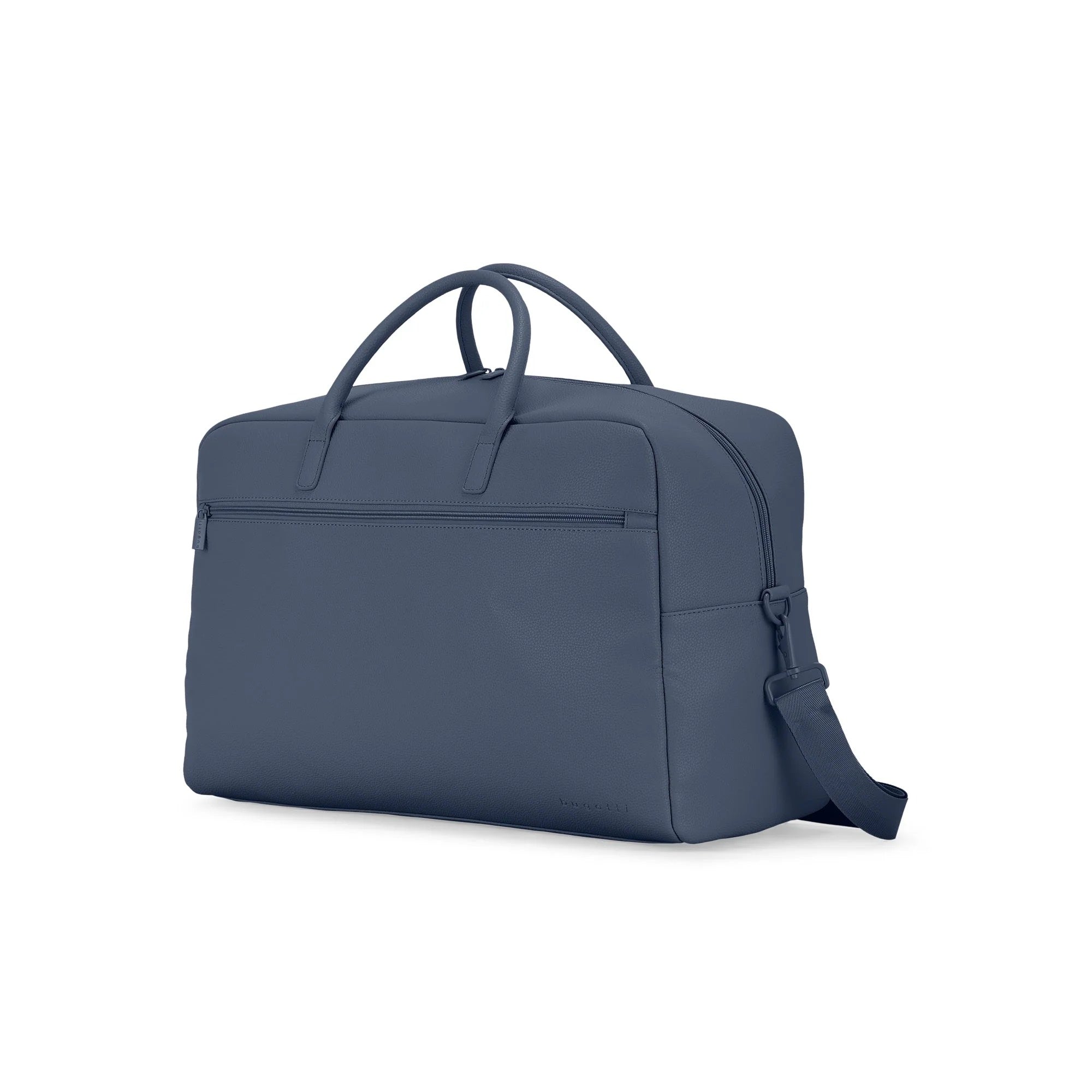 Blue travel bag with a shoulder strap on a white background