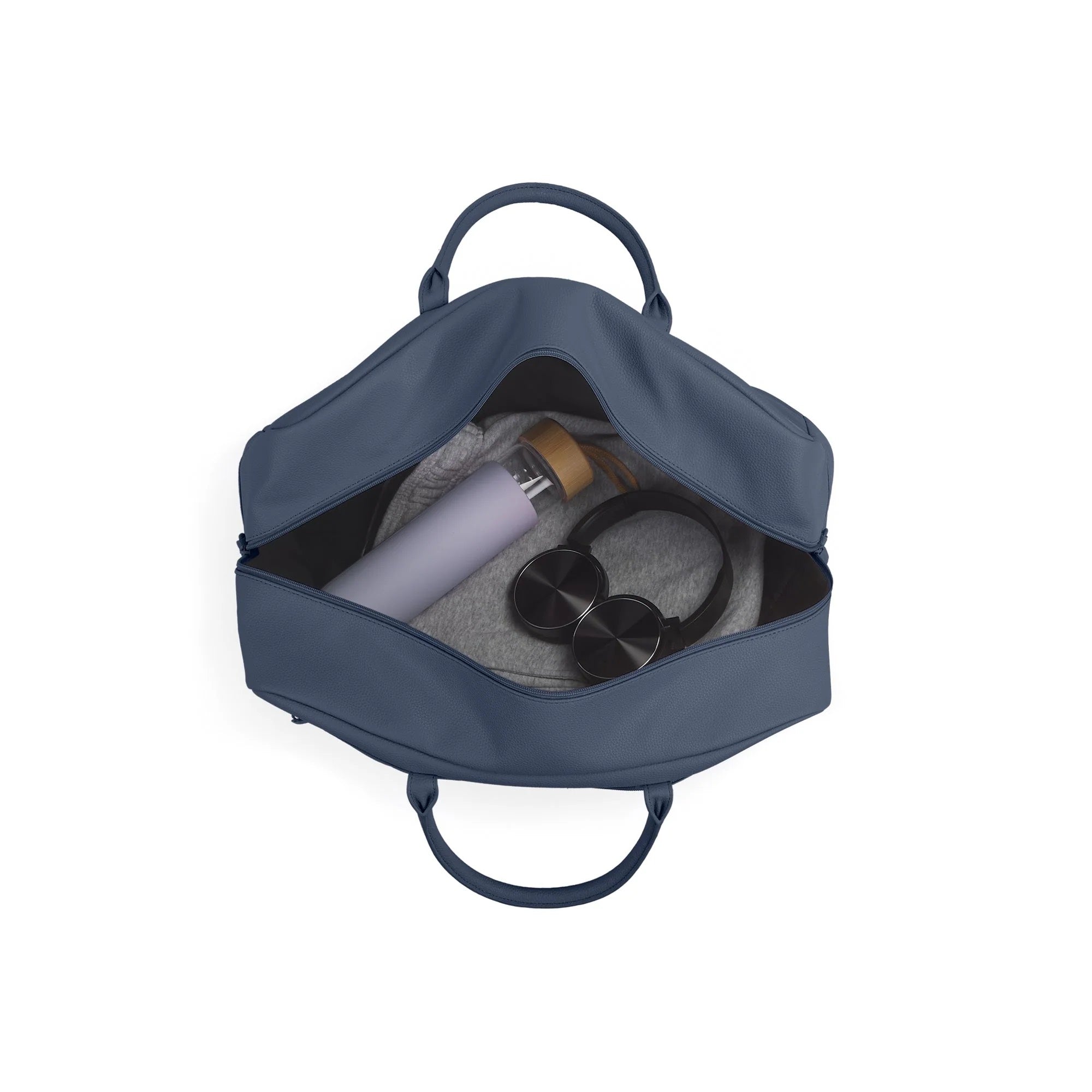 Blue backpack with a water bottle and earbuds on a white background