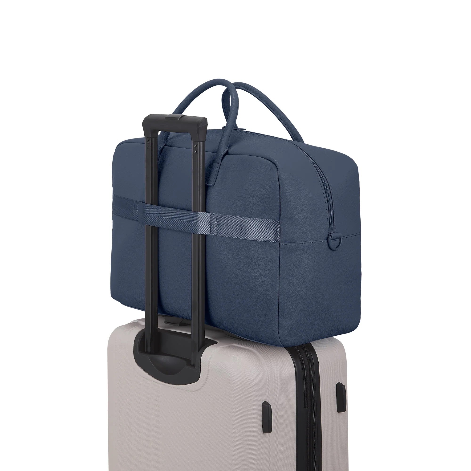 Blue suitcase with a handle on top of a white background