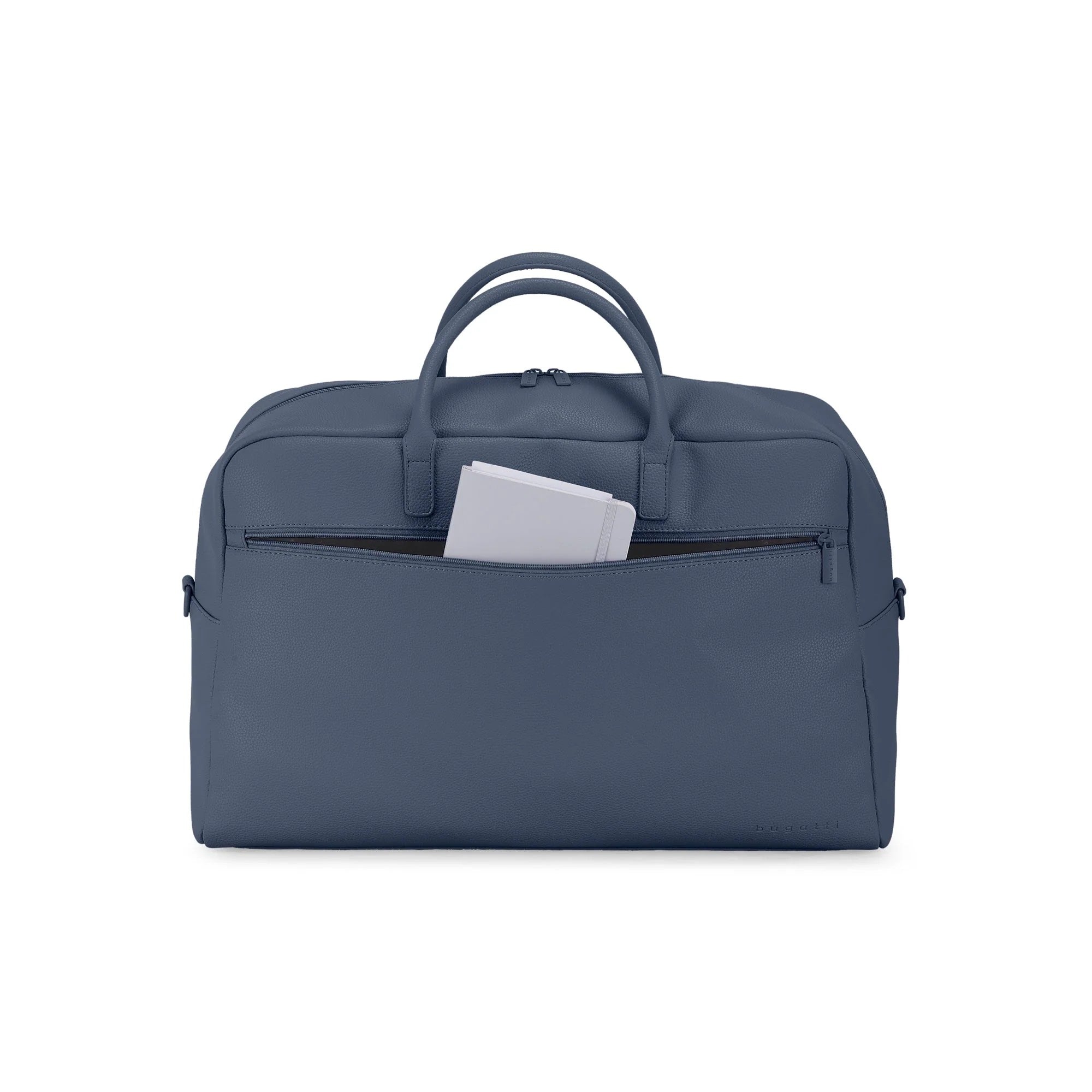 Blue duffel bag with a handle on a white background