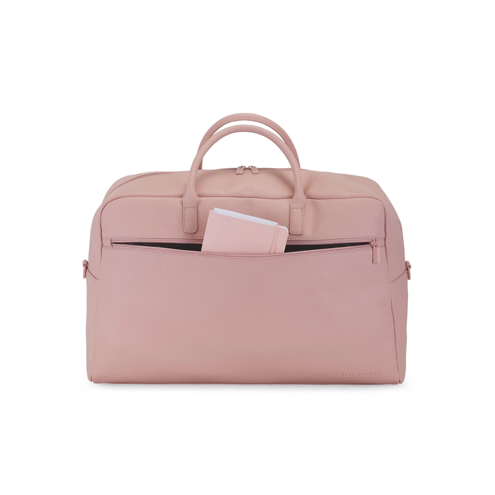 Pink duffel bag with a handle on a white background