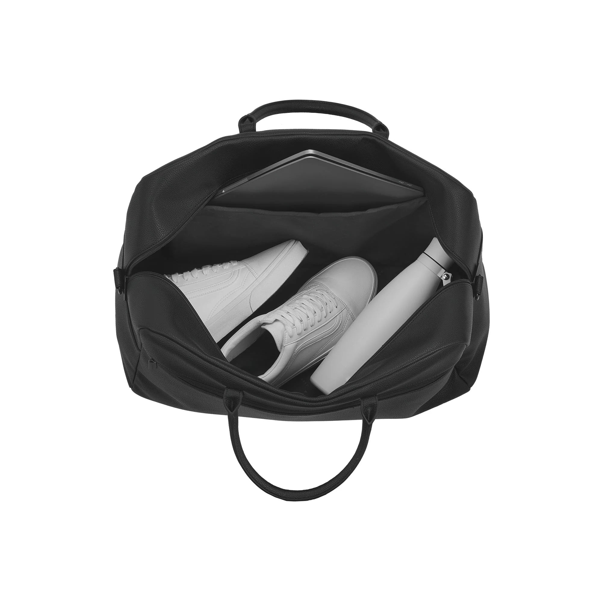 Black backpack with a white sneaker inside on a white background