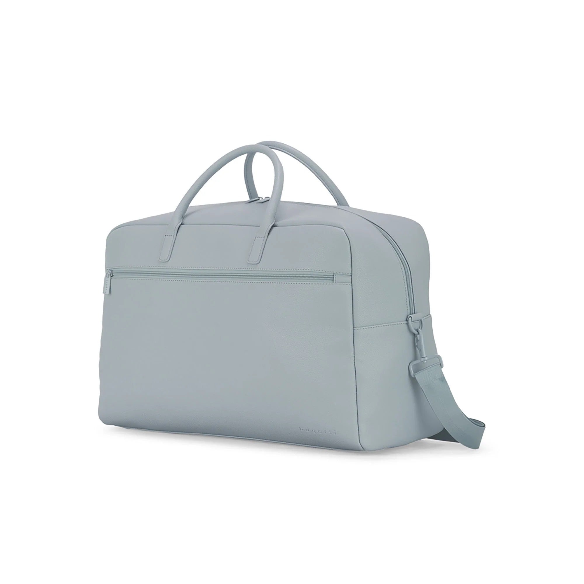 Light blue travel bag with a shoulder strap on a white background