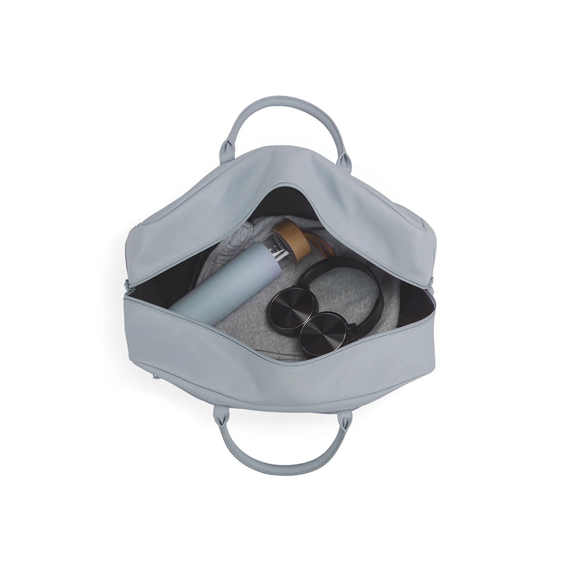 Gray backpack with a water bottle and sunglasses on a white background