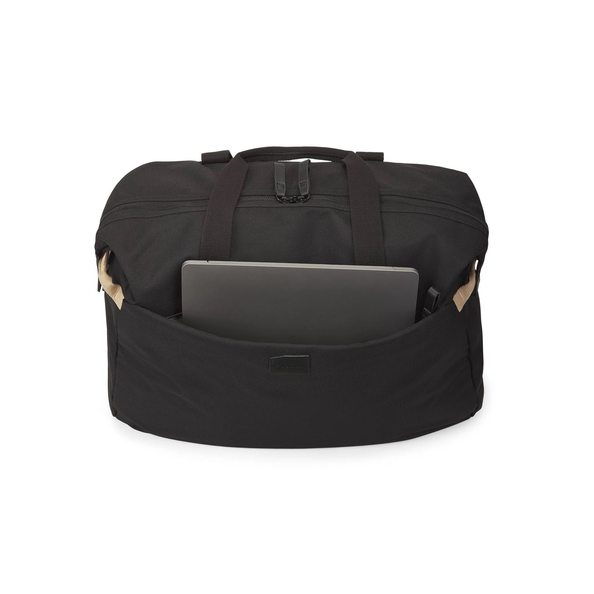 Black travel bag with a laptop compartment on a white background