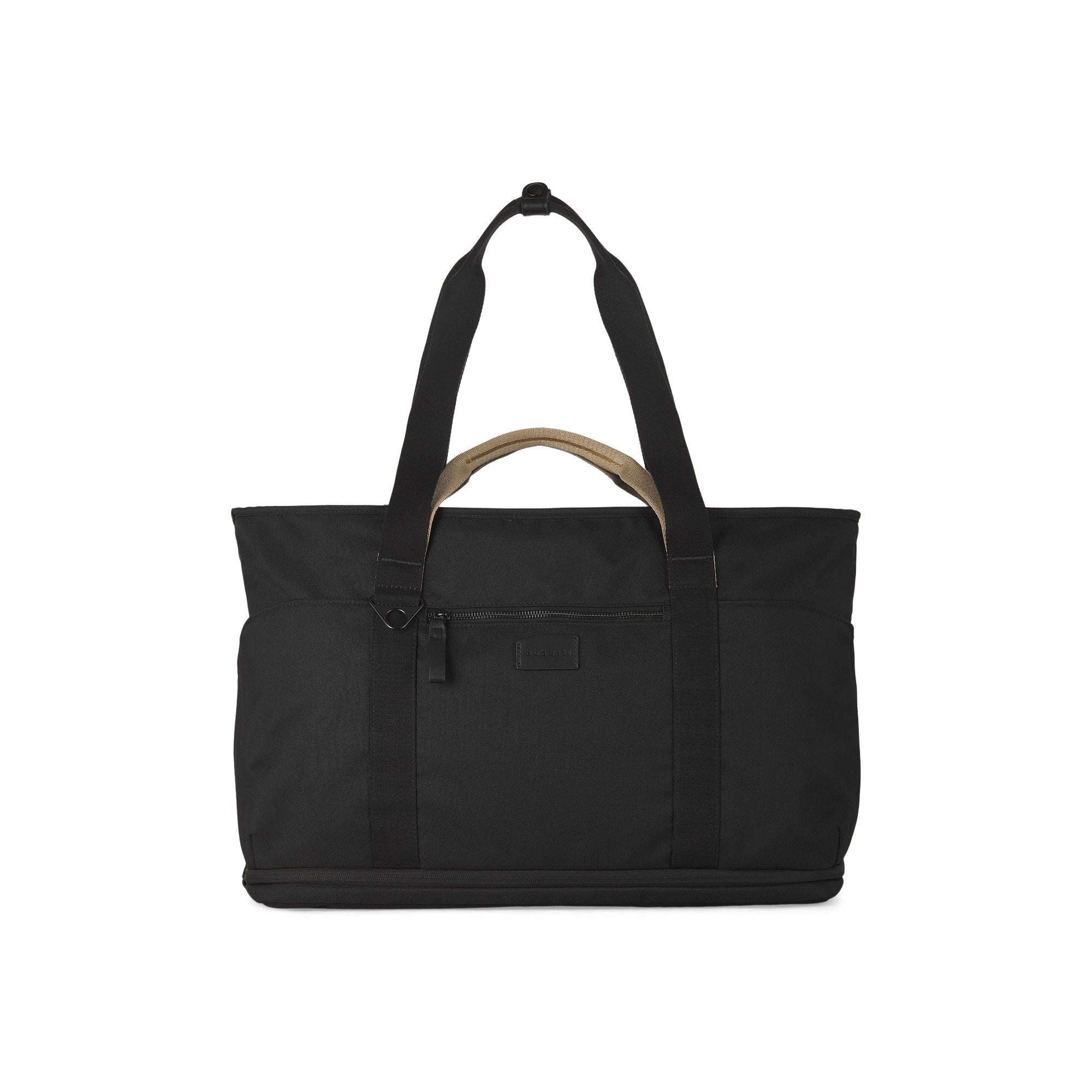Black tote bag with a brown handle on a white background