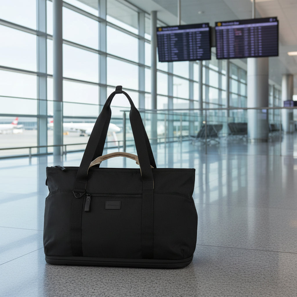 Black tote bag with a wooden handle on a white background