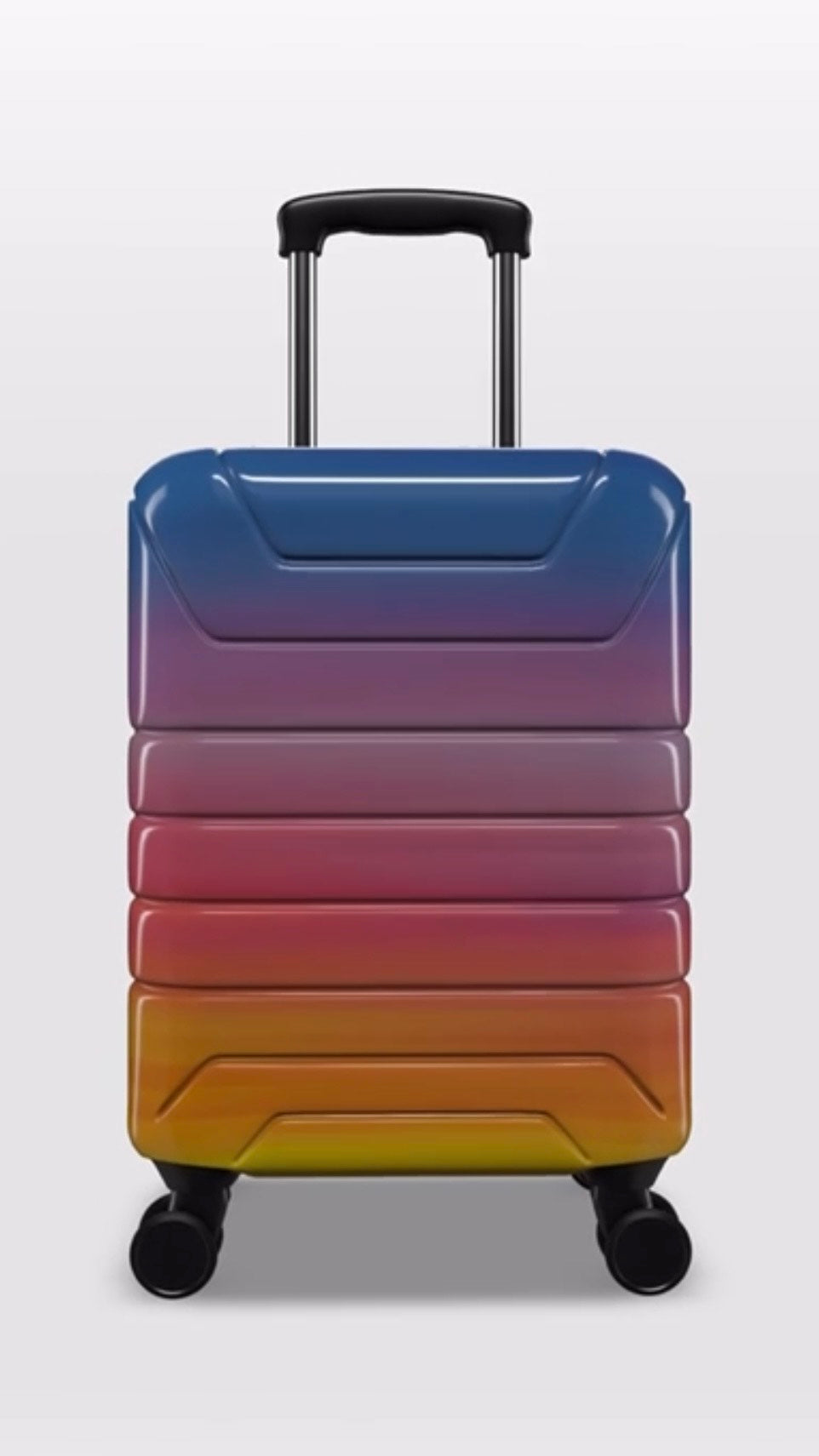 Gradient suitcase with blue, purple, pink, and yellow colors on a light gray background