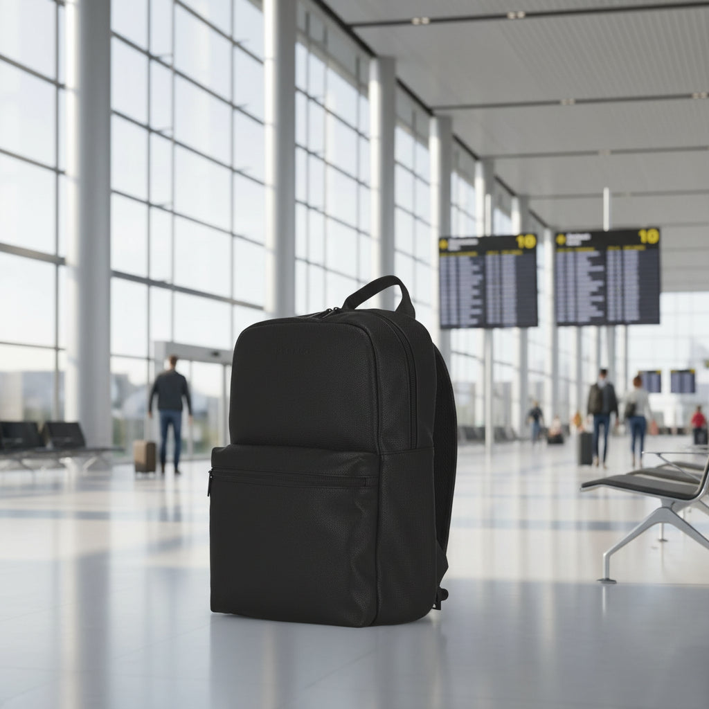 Black backpack on a white background