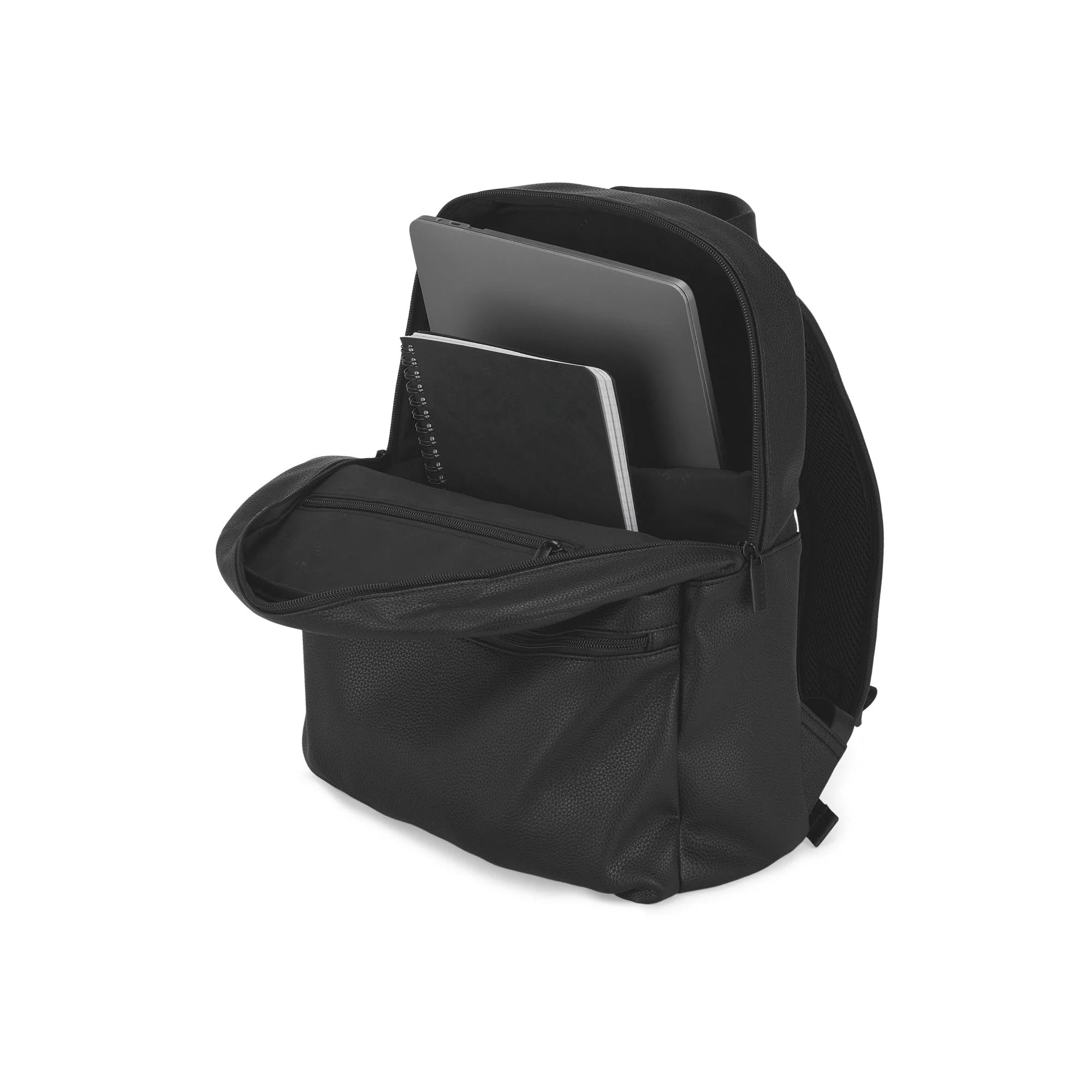 Black backpack with compartments for electronic devices on a white background