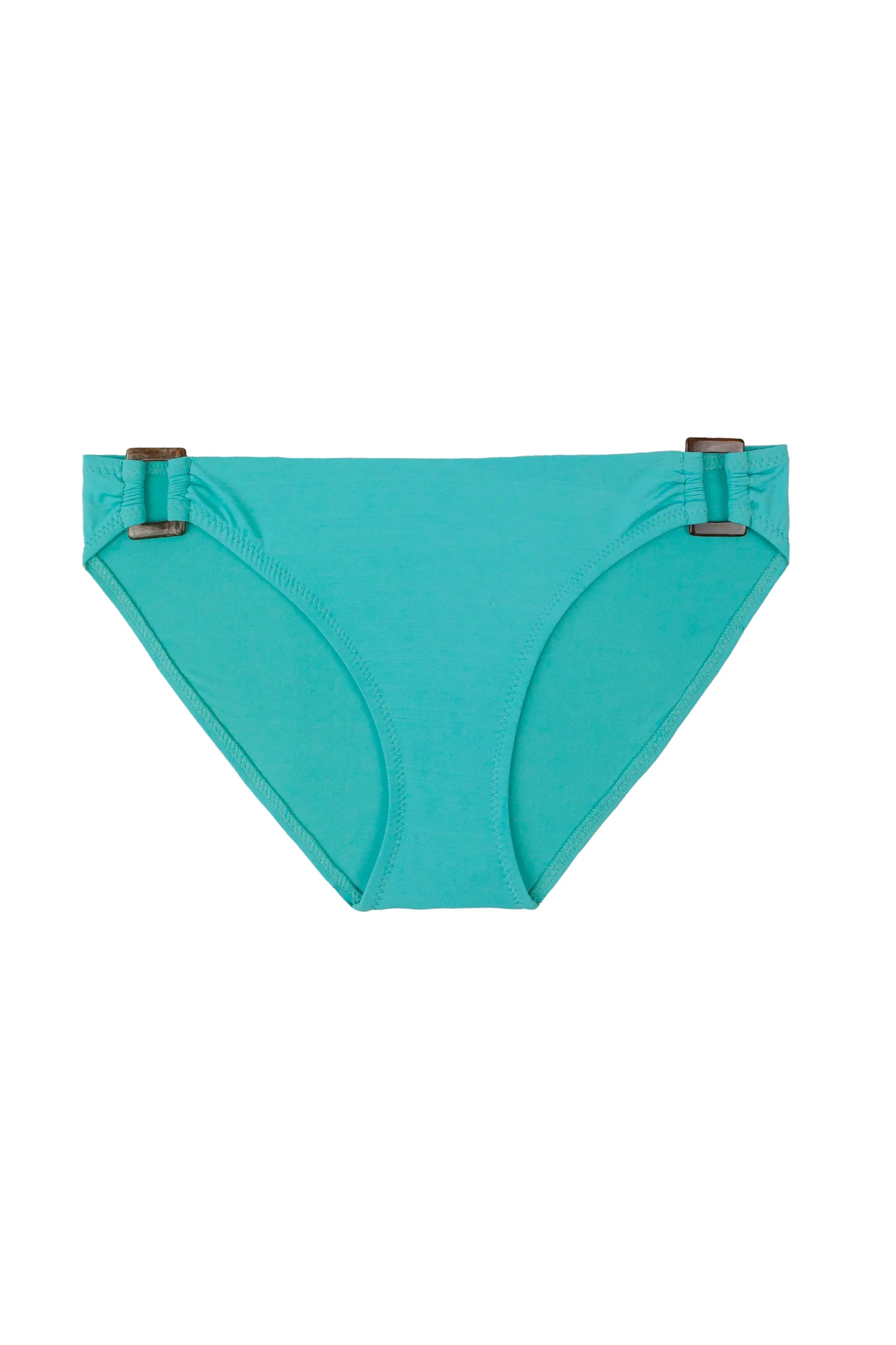 Turquoise bikini bottom with brown straps on a white background