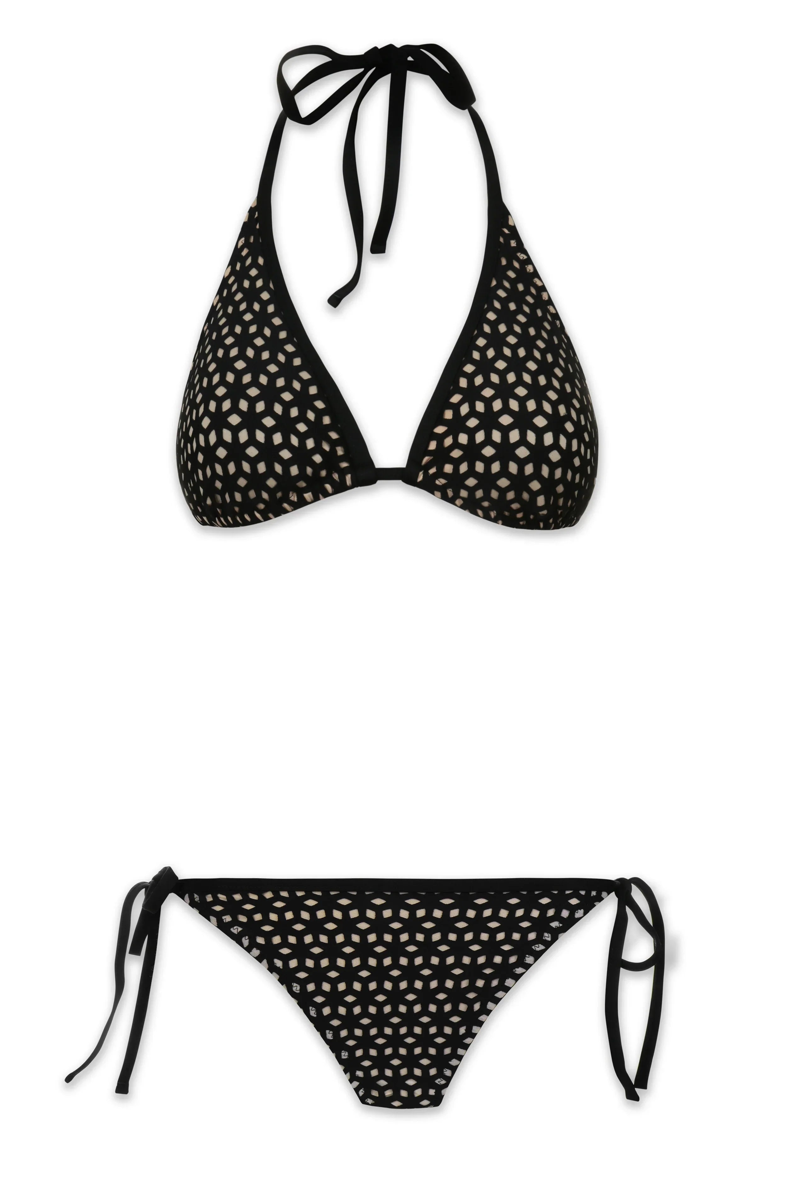 Black and white polka dot bikini set on a white background