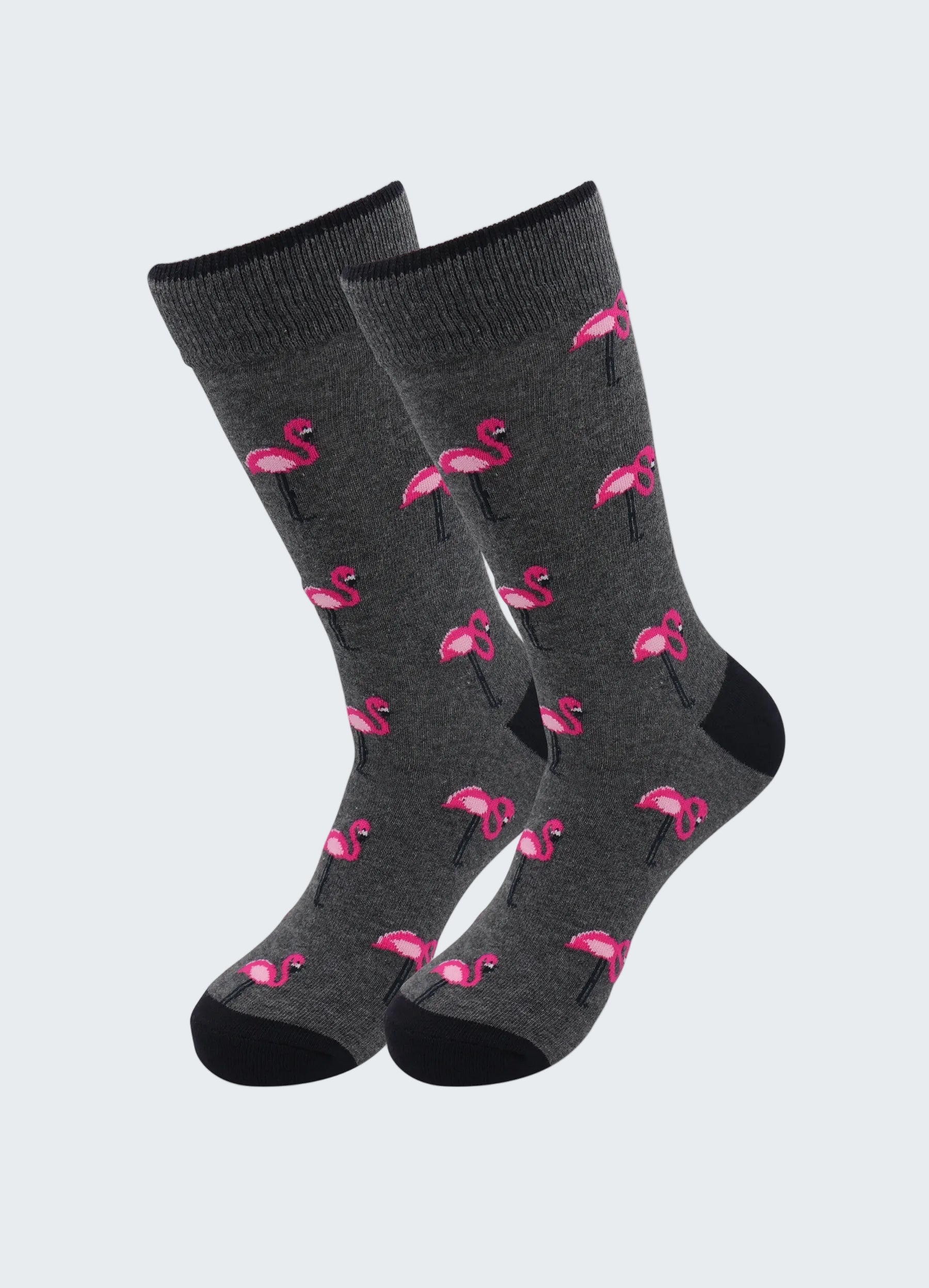 Dark gray socks with pink flamingo pattern on a white background