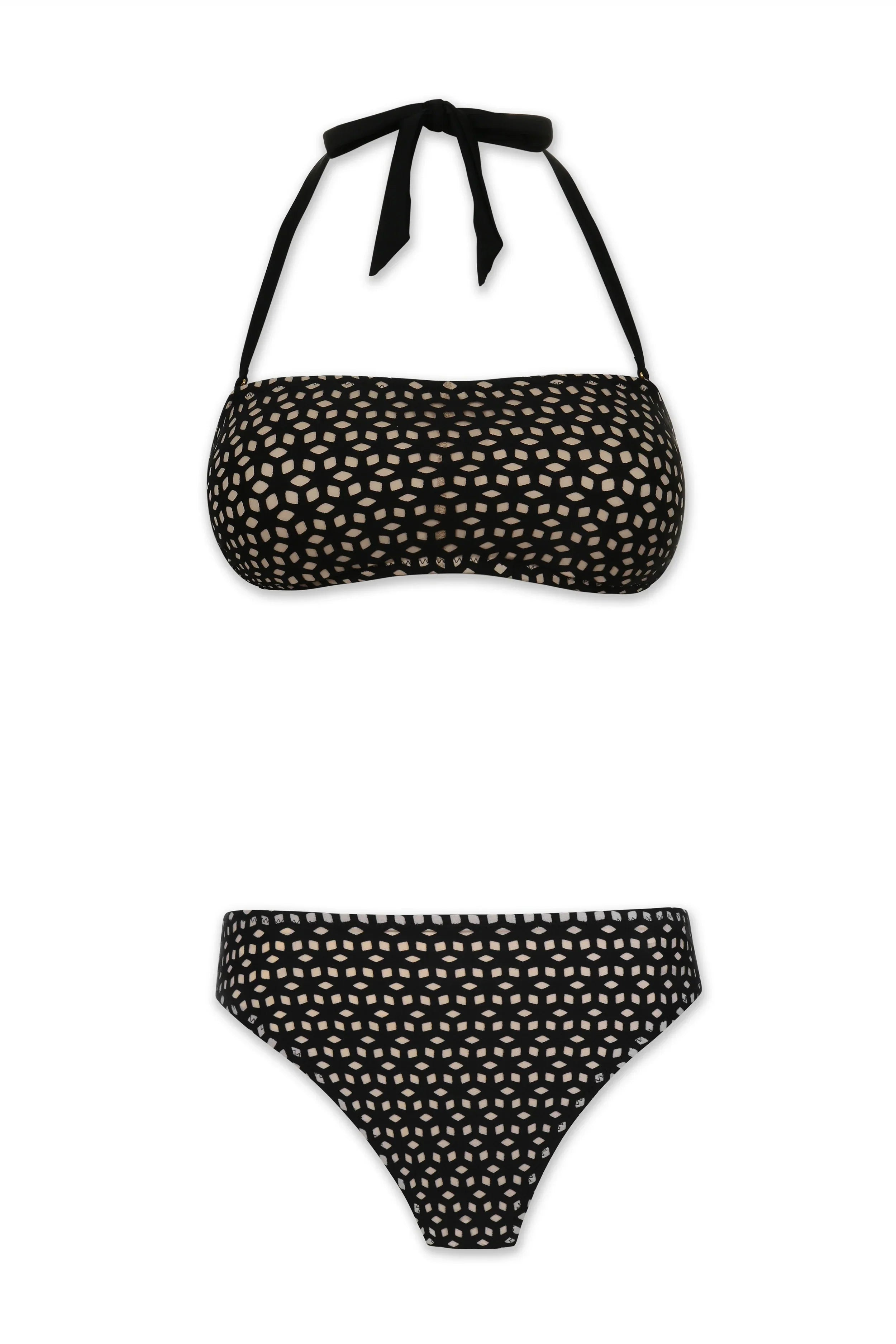 Black and white polka dot bikini set on a white background
