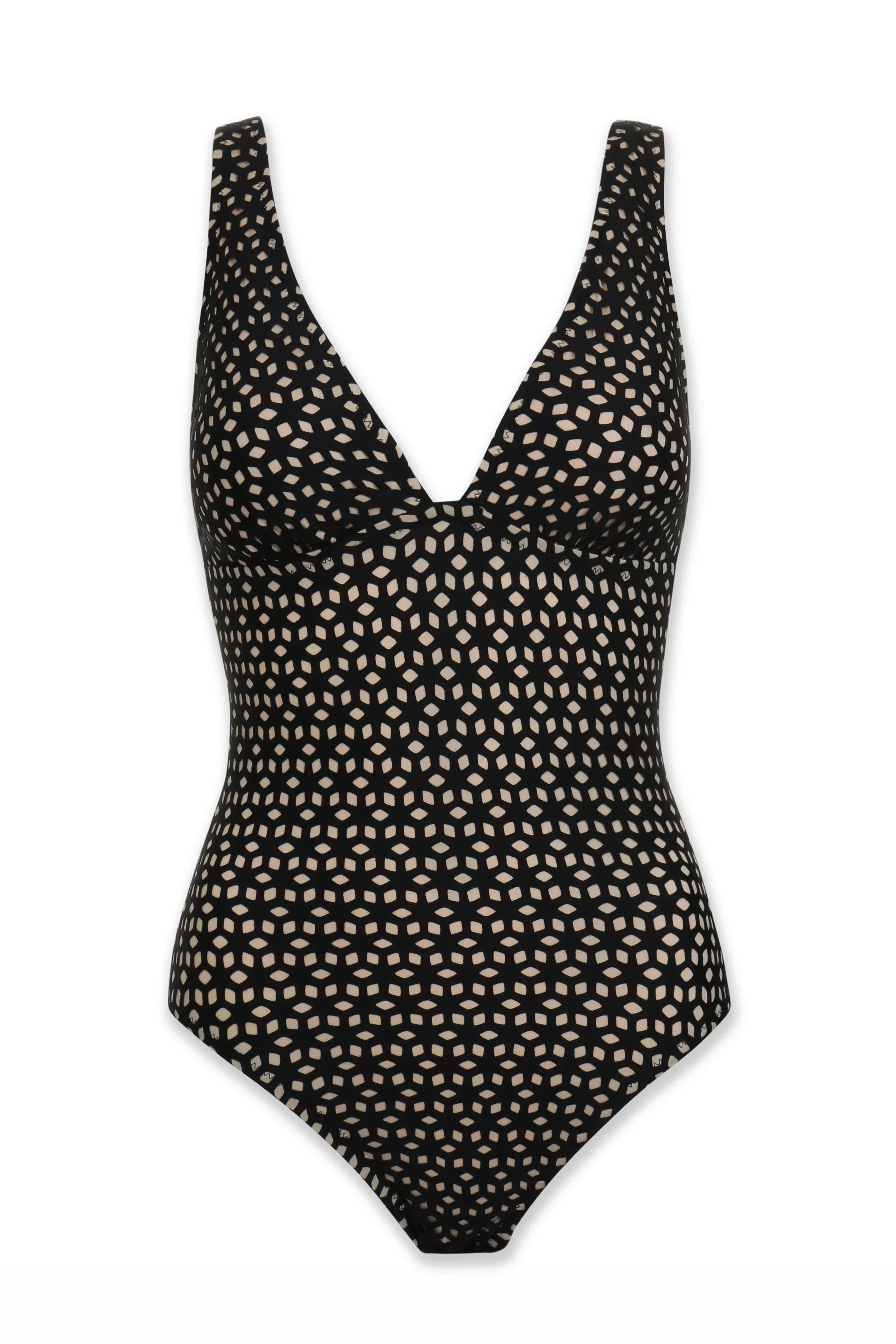 Black and white patterned swimsuit on a white background