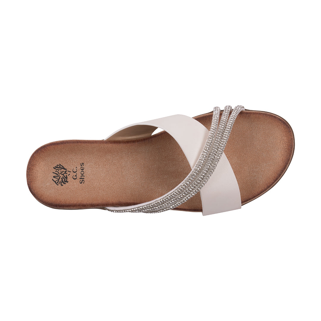 GC Shoes Women's Iris White Embellished Asymmetrical Flat Sandals