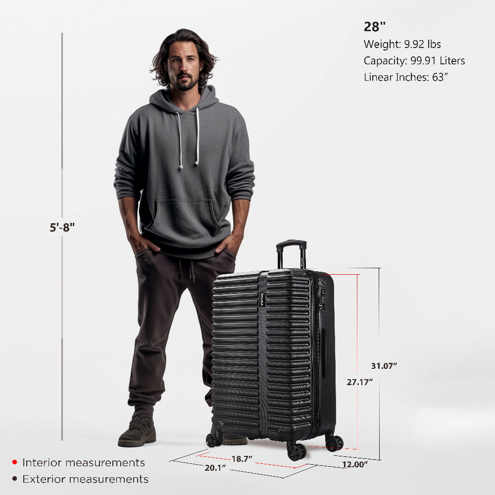 Man standing next to a black suitcase with measurements displayed