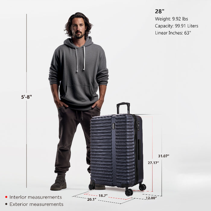 Man standing next to a black suitcase with measurements and specifications displayed.