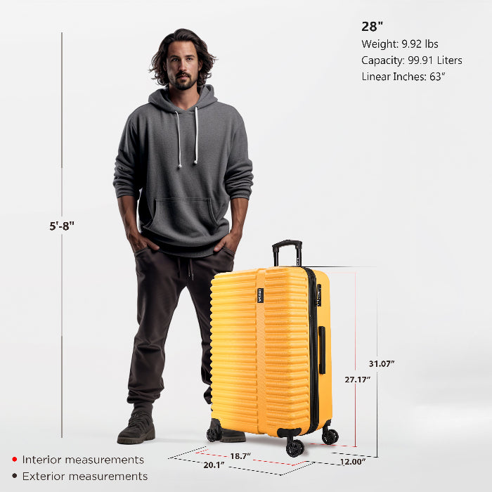 Man standing next to a yellow suitcase with measurements displayed