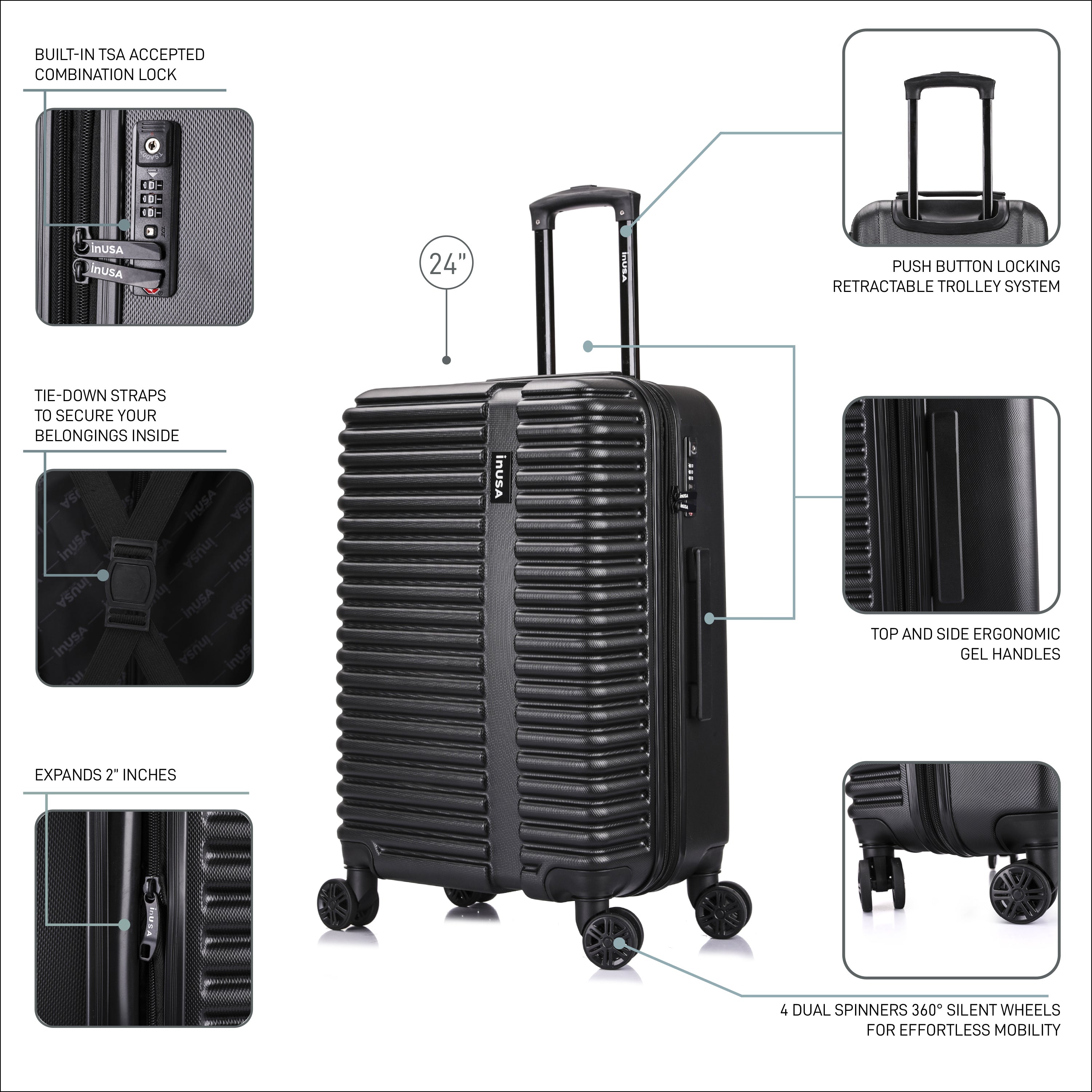 Black suitcase with features highlighted on a white background
