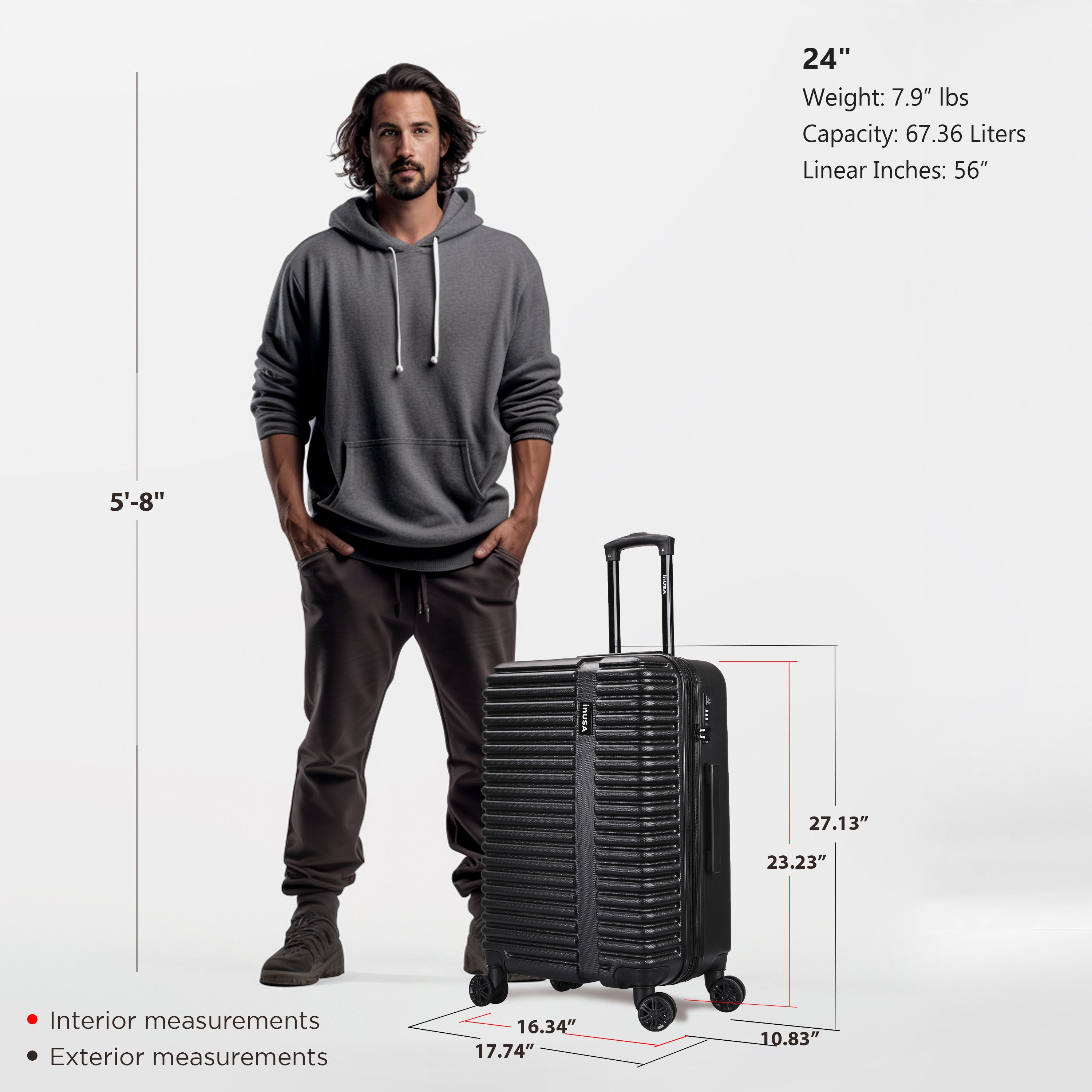 Man standing next to a black suitcase with measurements and specifications displayed.