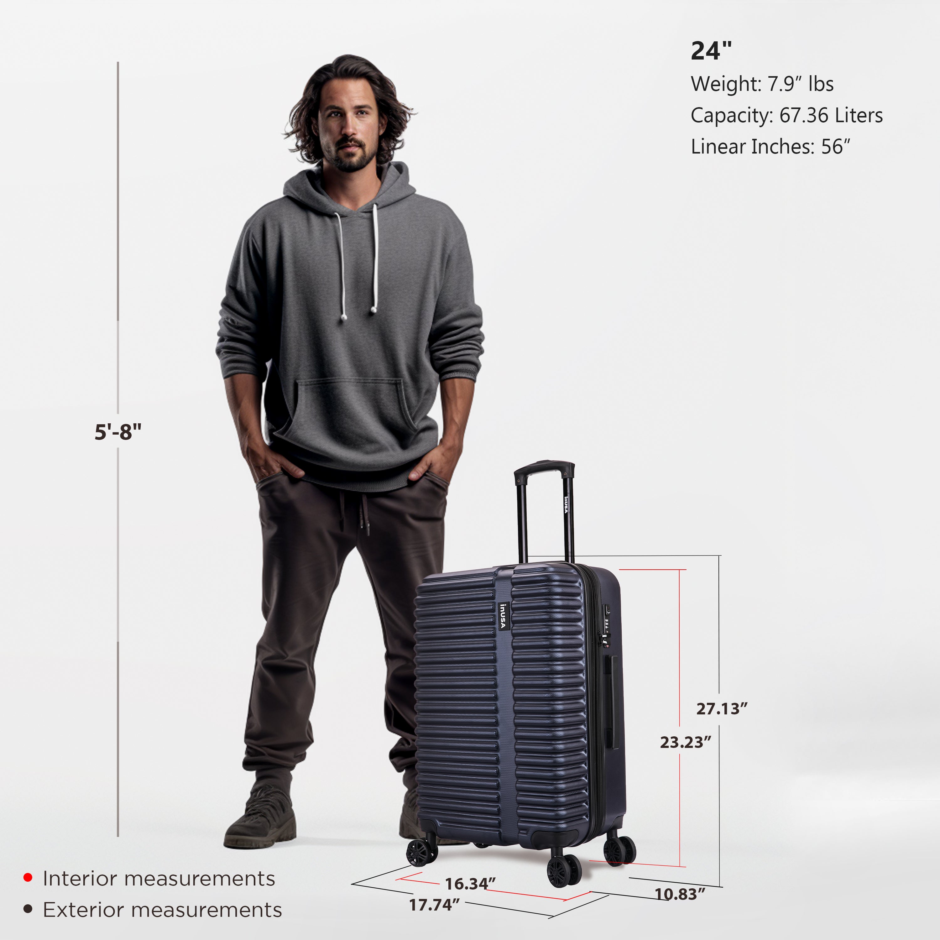 Man standing next to a black suitcase with measurements and specifications displayed.