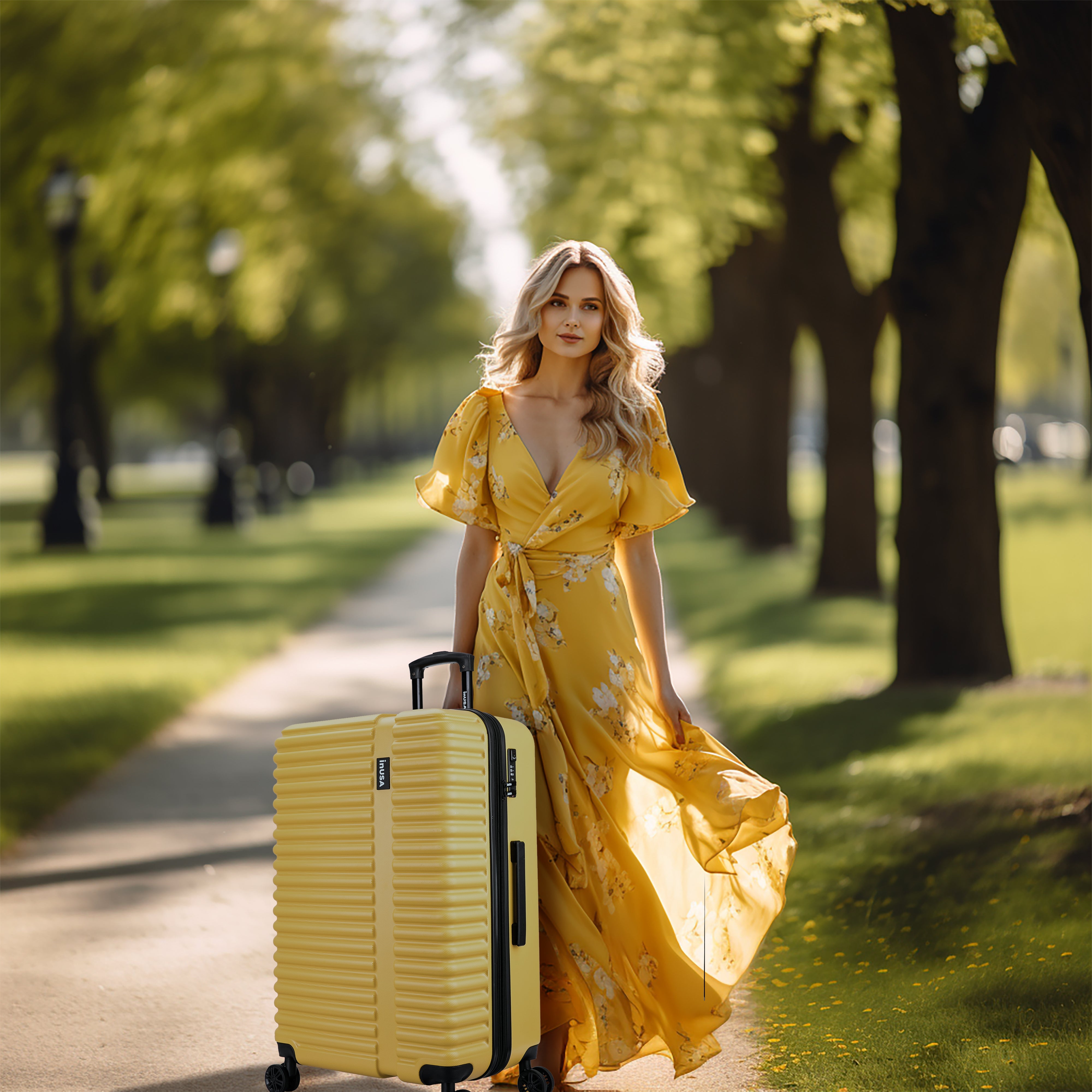 Woman in a yellow dress with a matching yellow suitcase walking along a tree-lined path.