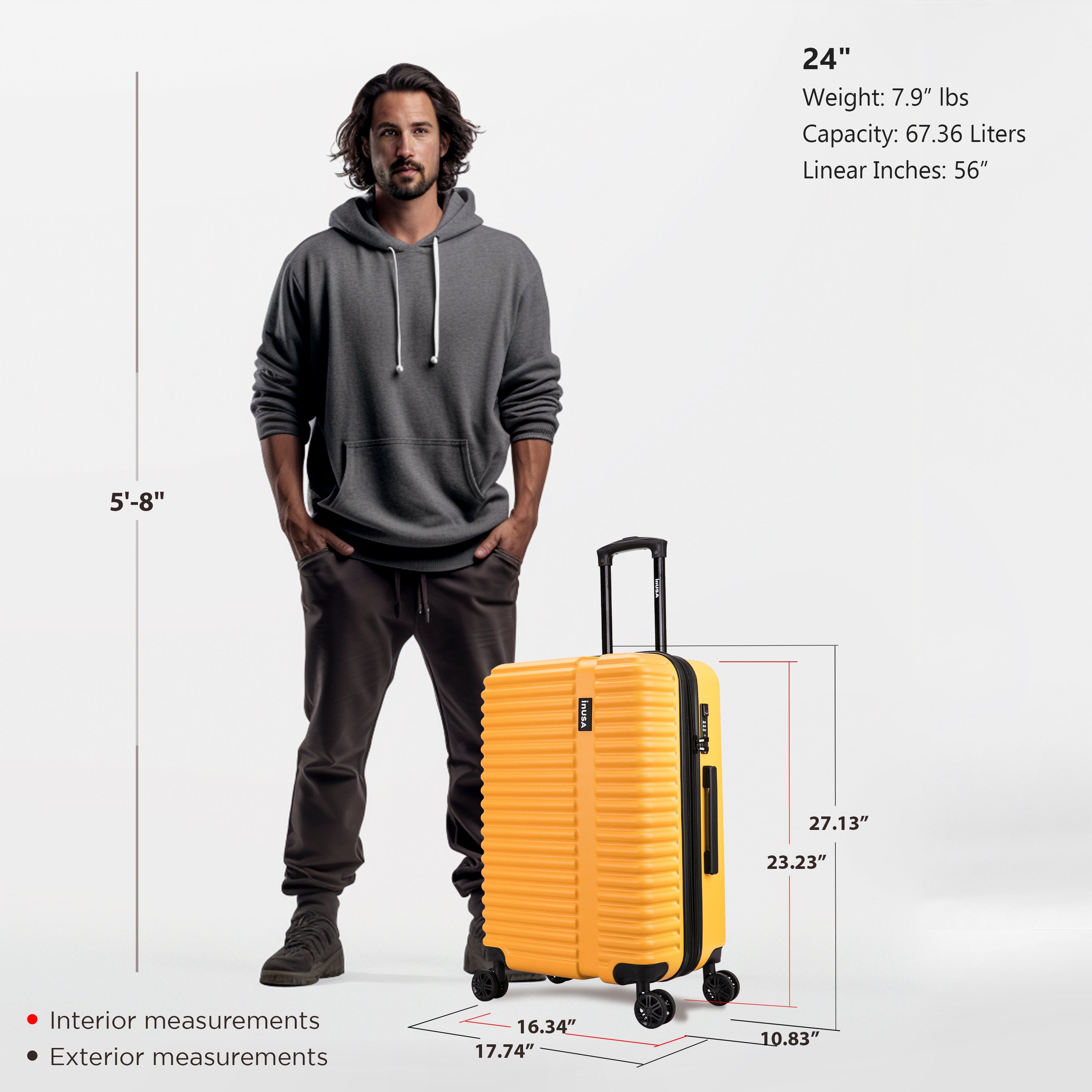 Man standing next to a yellow suitcase with measurements and specifications displayed.