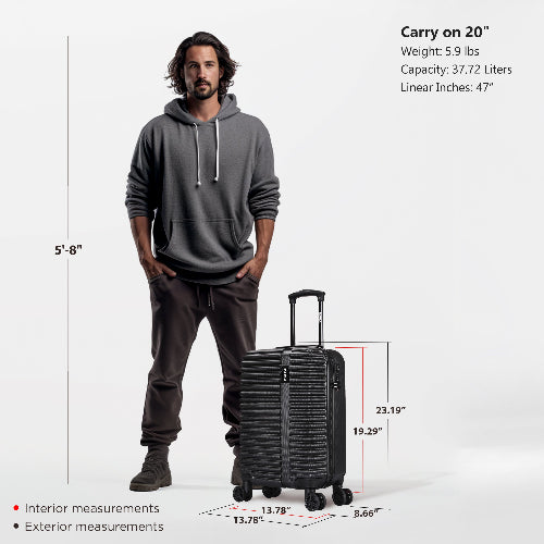 Man standing next to a black suitcase with measurements and specifications displayed.