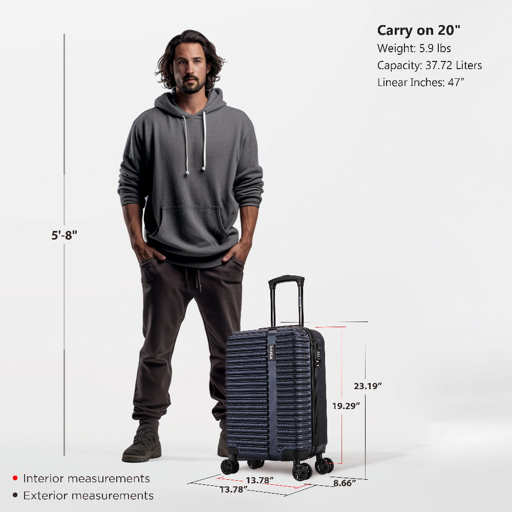 Man standing next to a suitcase with measurements and specifications displayed.