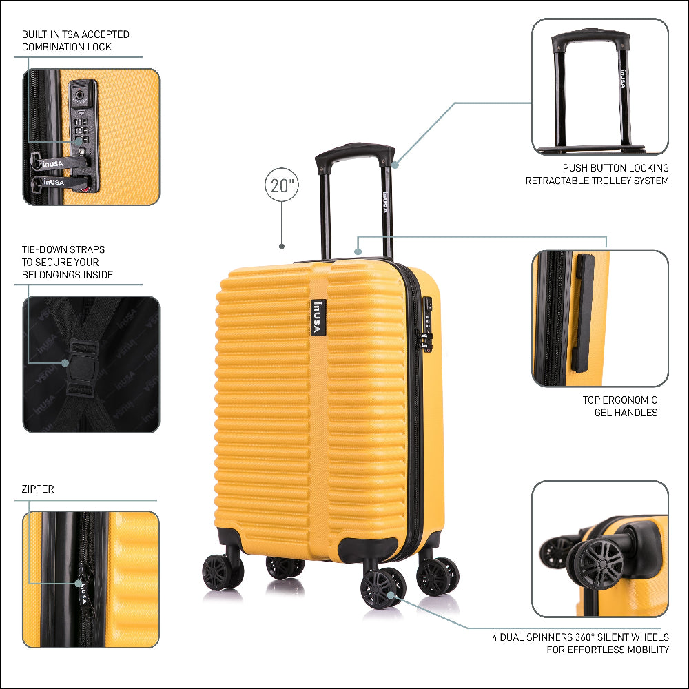 Yellow suitcase with features highlighted on a white background